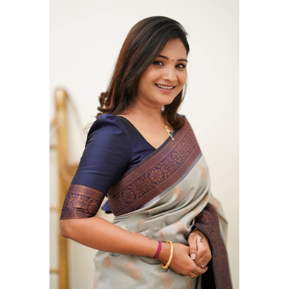 SGF11 Womens Kanjivaram Soft Lichi Silk Saree With Blouse Piece (White Grey Blue)