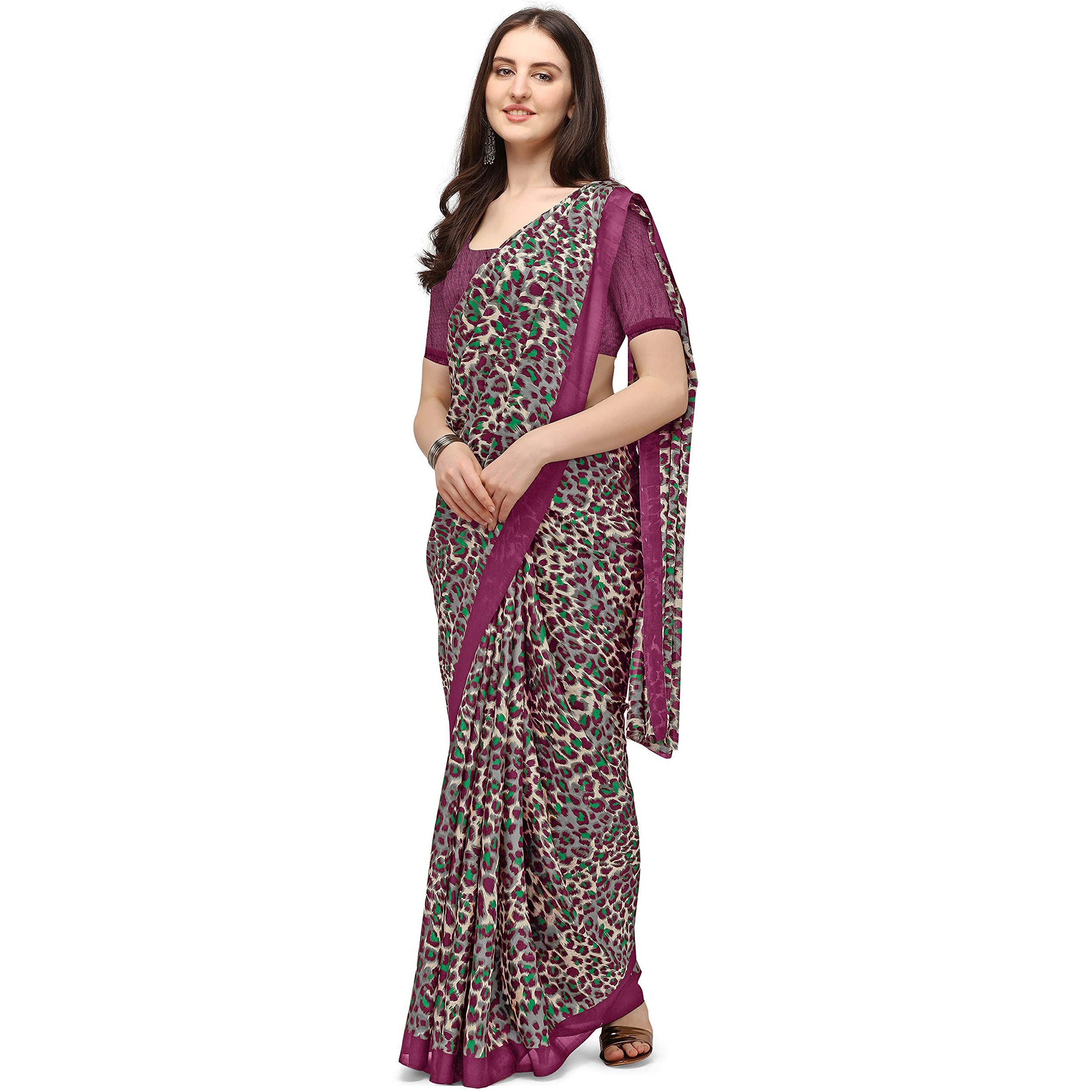 Jaanvi fashion Tiger Printed Georgette Saree With Silk Blouse(tiger-print-wine)