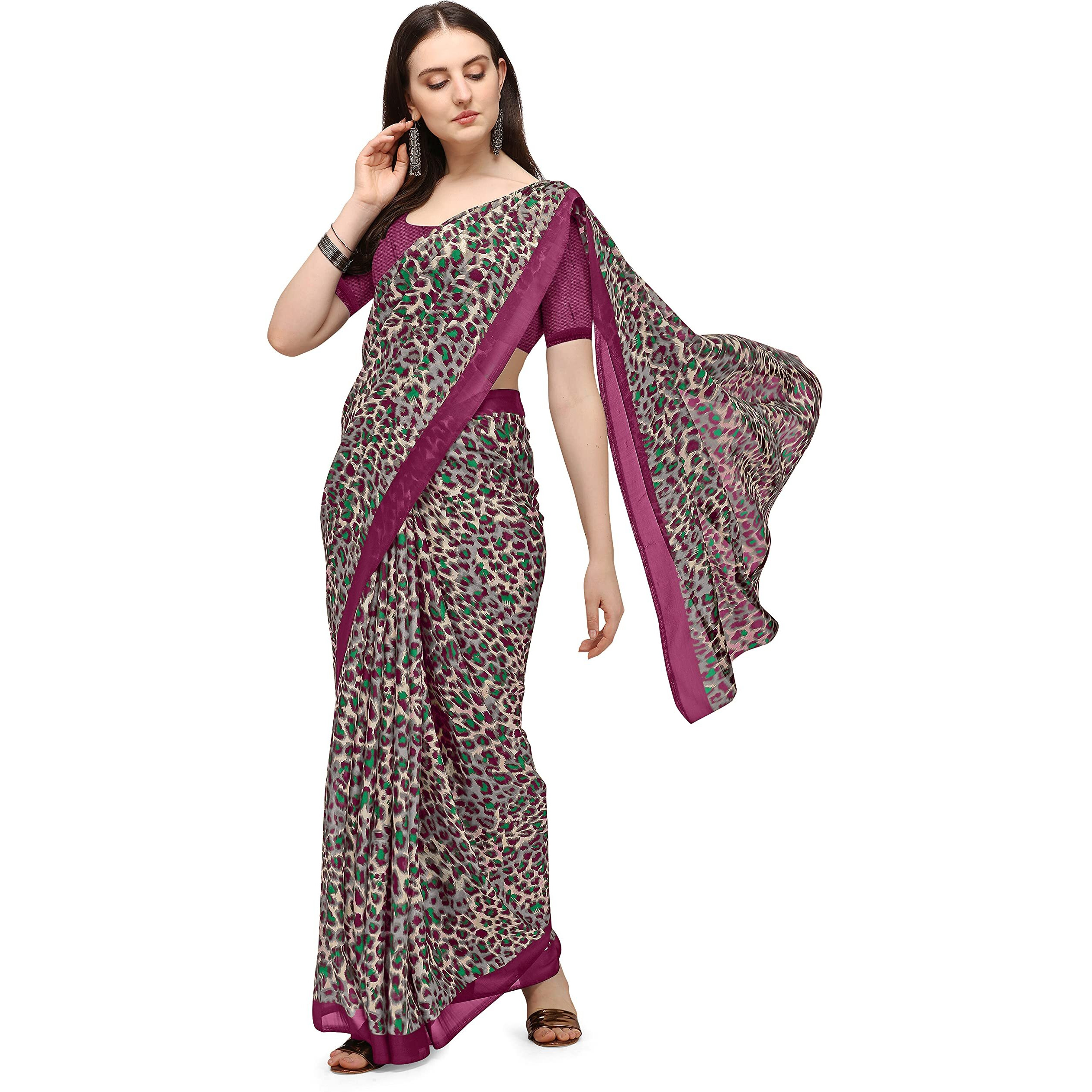 Jaanvi fashion Tiger Printed Georgette Saree With Silk Blouse(tiger-print-wine)