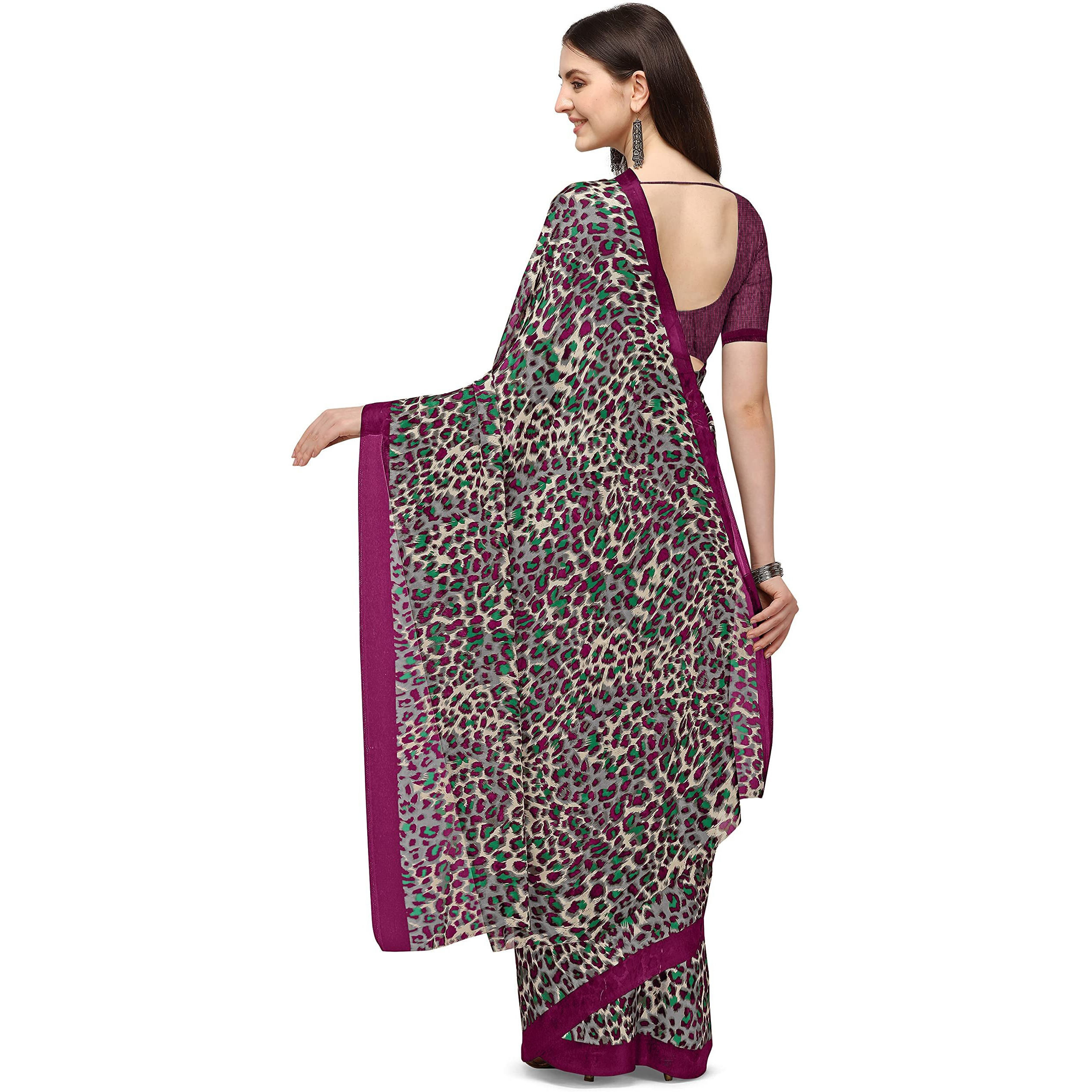 Jaanvi fashion Tiger Printed Georgette Saree With Silk Blouse(tiger-print-wine)
