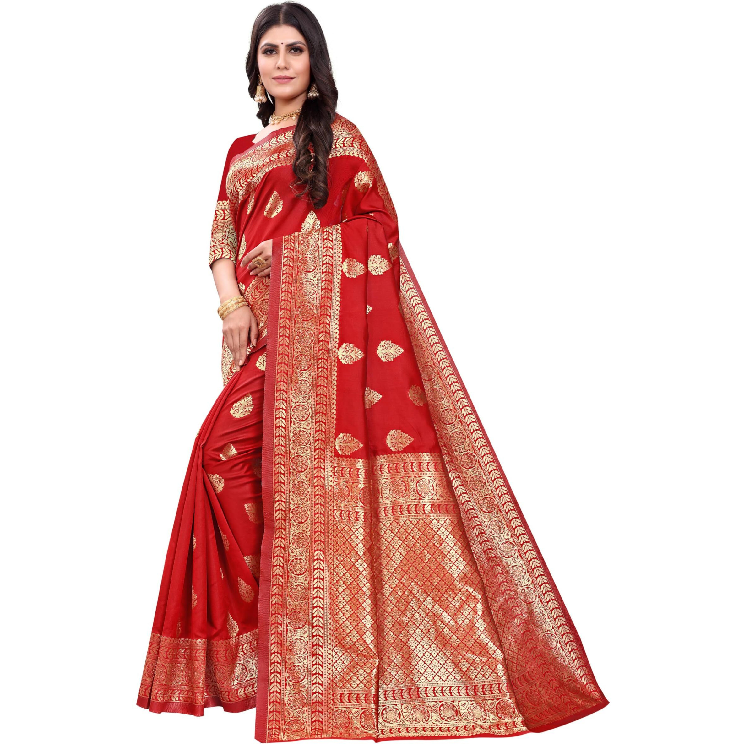 Sugathari Womens Banarasi Saree Pure Kanjivaram Silk Saree Soft new ladies 2023 Design Wear Pattu Sarees Latest Cotton Party Sari collections With Blouse Piece for Wedding sadi (SAM PARI-120 RED)
