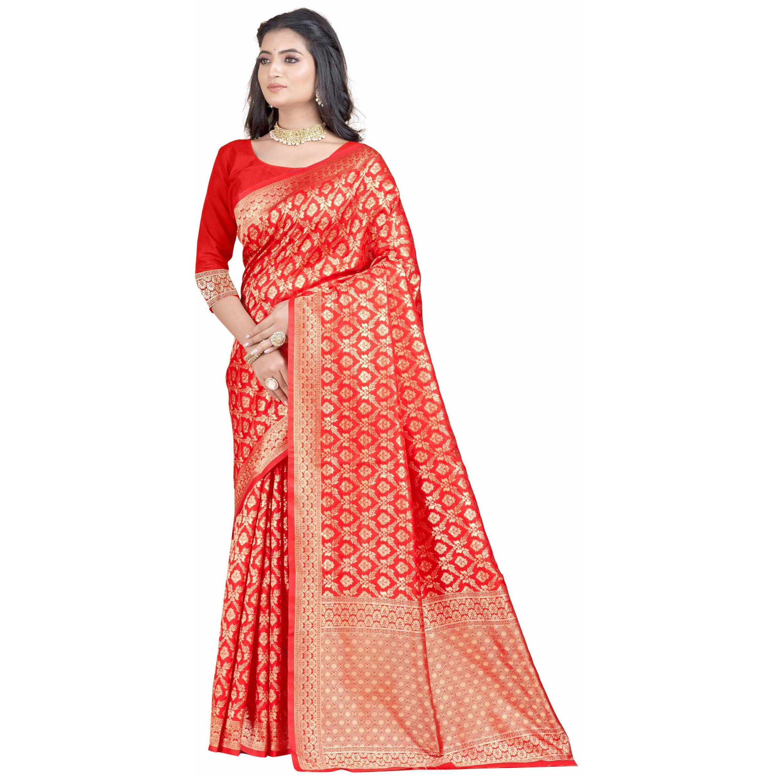 Sugathari Womens Banarasi Saree Pure Kanjivaram Silk Saree Soft new ladies 2023 Design Wear Pattu Sarees Latest Party Sari collections With Blouse Piece for Wedding sadi (SAN PARI-191 RED)