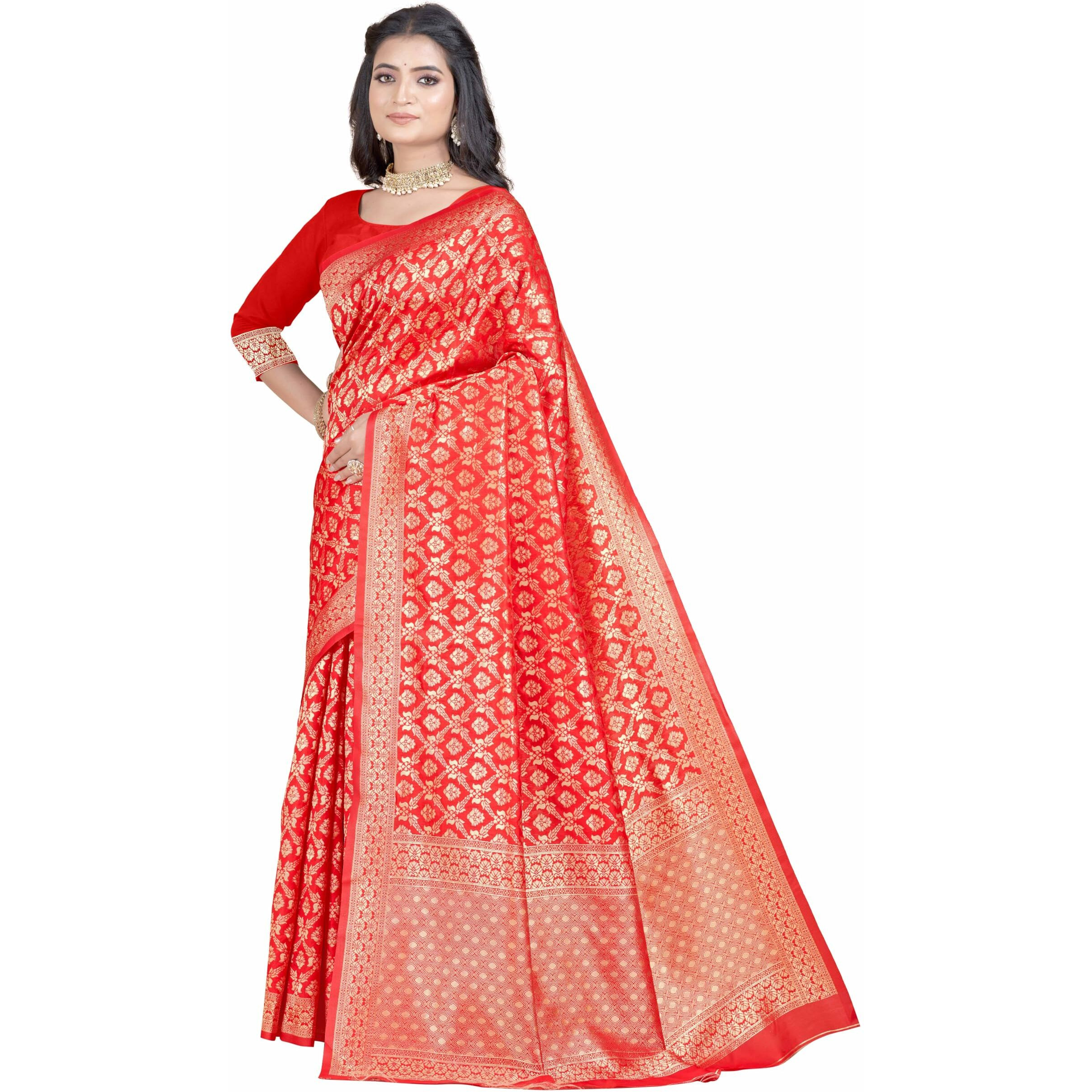 Sugathari Womens Banarasi Saree Pure Kanjivaram Silk Saree Soft new ladies 2023 Design Wear Pattu Sarees Latest Party Sari collections With Blouse Piece for Wedding sadi (SAN PARI-191 RED)