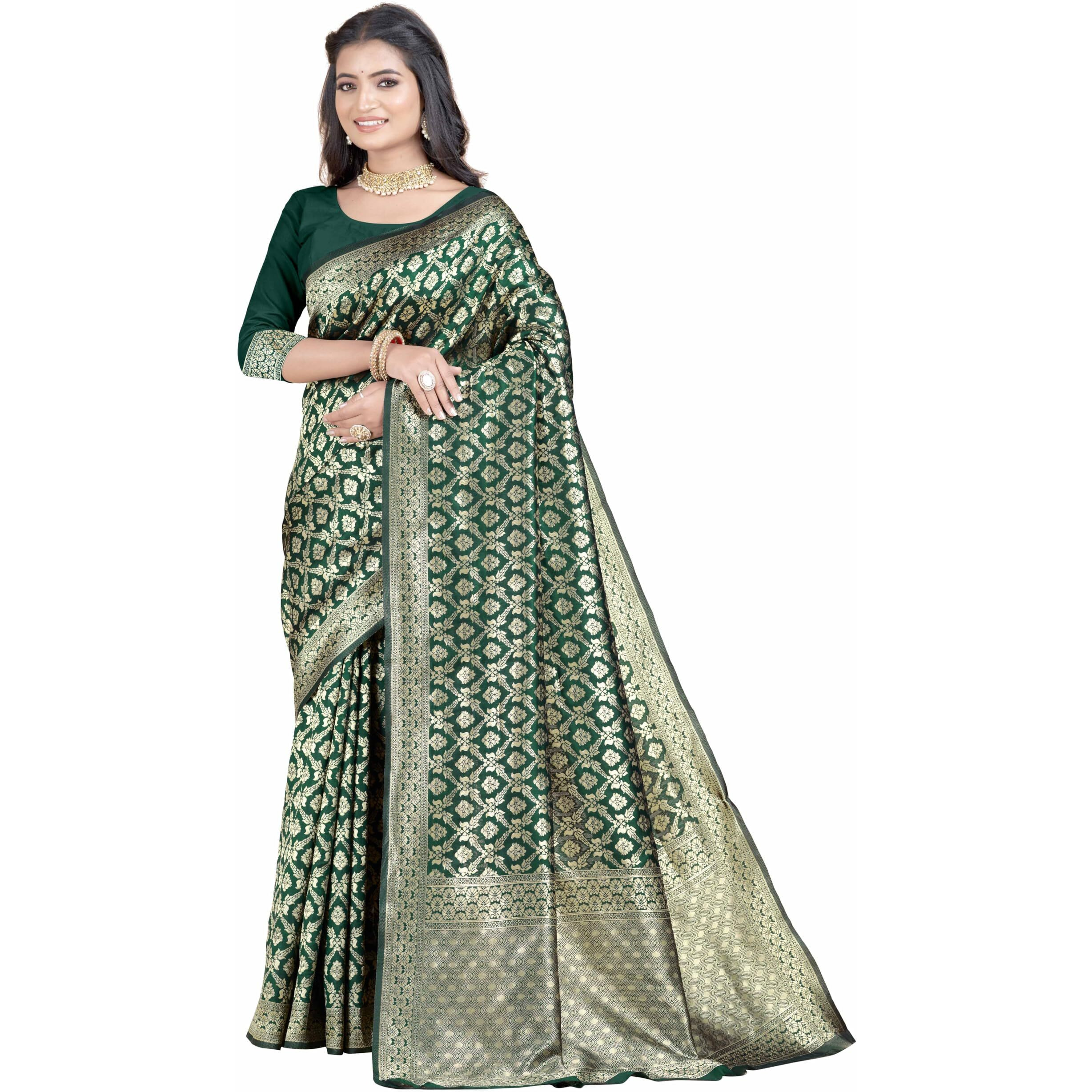 Sugathari Womens Banarasi Saree Pure Kanjivaram Silk Saree Soft new ladies 2023 Design Wear Pattu Sarees Latest Party Sari collections With Blouse Piece for Wedding sadi (SAN PARI-191 DARK GREEN)