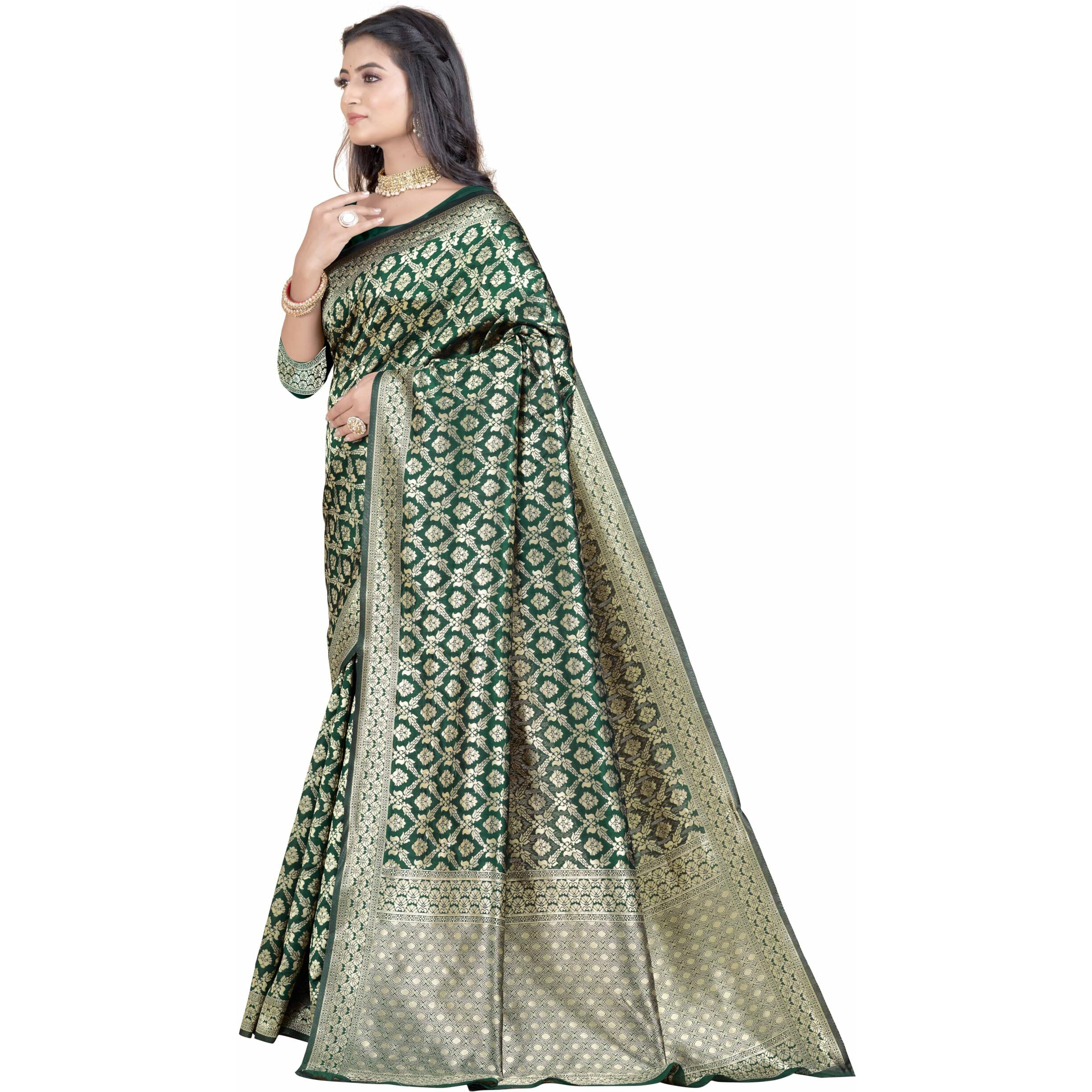 Sugathari Womens Banarasi Saree Pure Kanjivaram Silk Saree Soft new ladies 2023 Design Wear Pattu Sarees Latest Party Sari collections With Blouse Piece for Wedding sadi (SAN PARI-191 DARK GREEN)