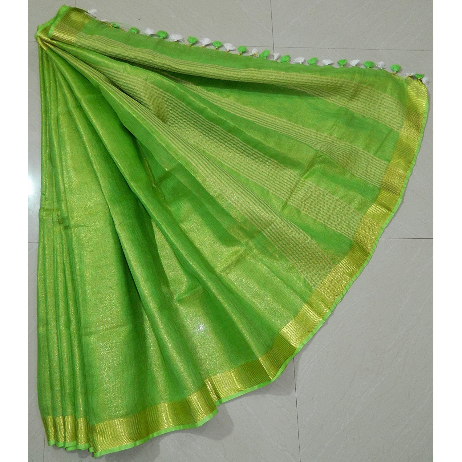 HAIDER ALI AND SONS Pure Tissue Linen Ethnic Wear Saree For Womens (With Blouse_01) (GREEN)