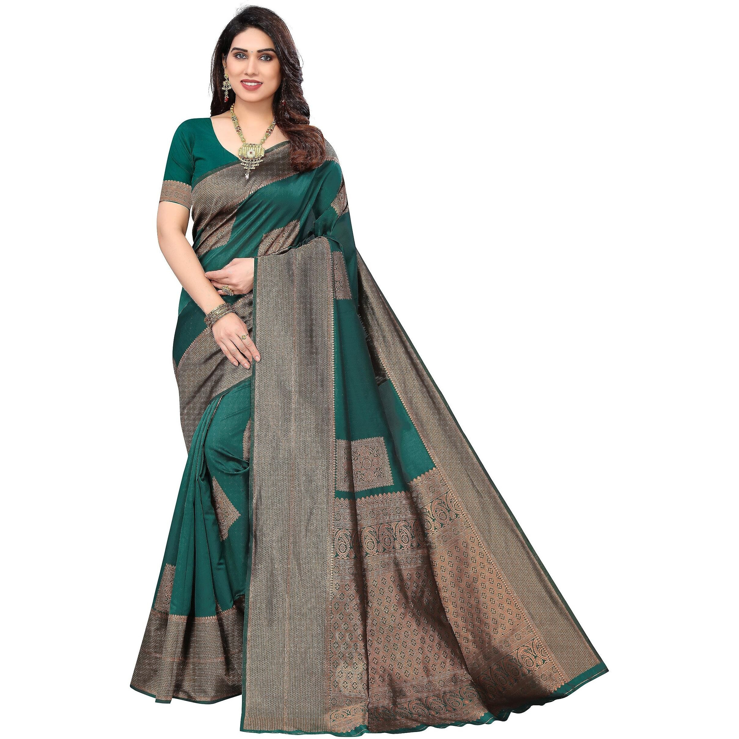 SHIVANAA Womens TRINITI FAB Woven Kanjivaram Jacquard Green Saree With Blouse||Saree Women Women