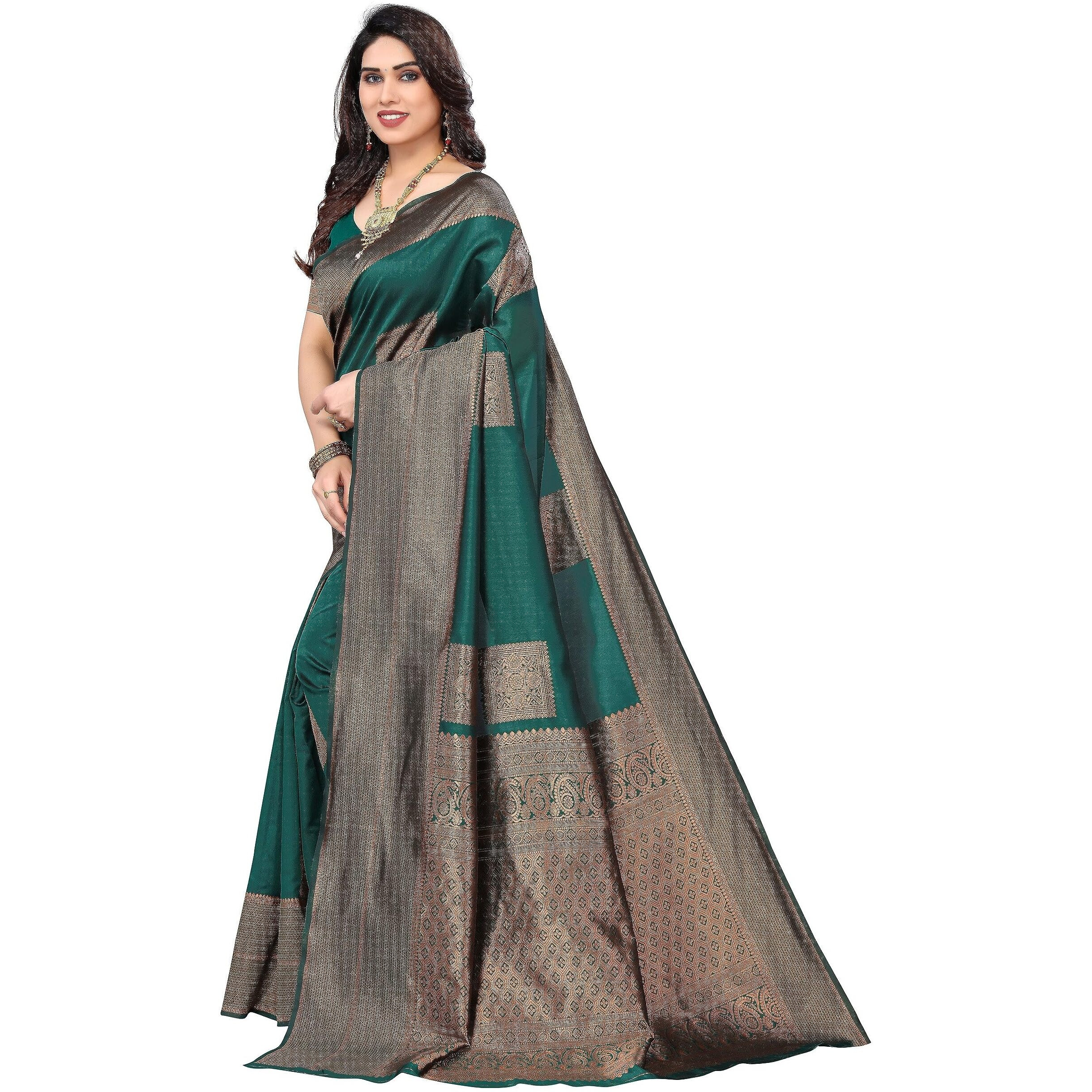 SHIVANAA Womens TRINITI FAB Woven Kanjivaram Jacquard Green Saree With Blouse||Saree Women Women