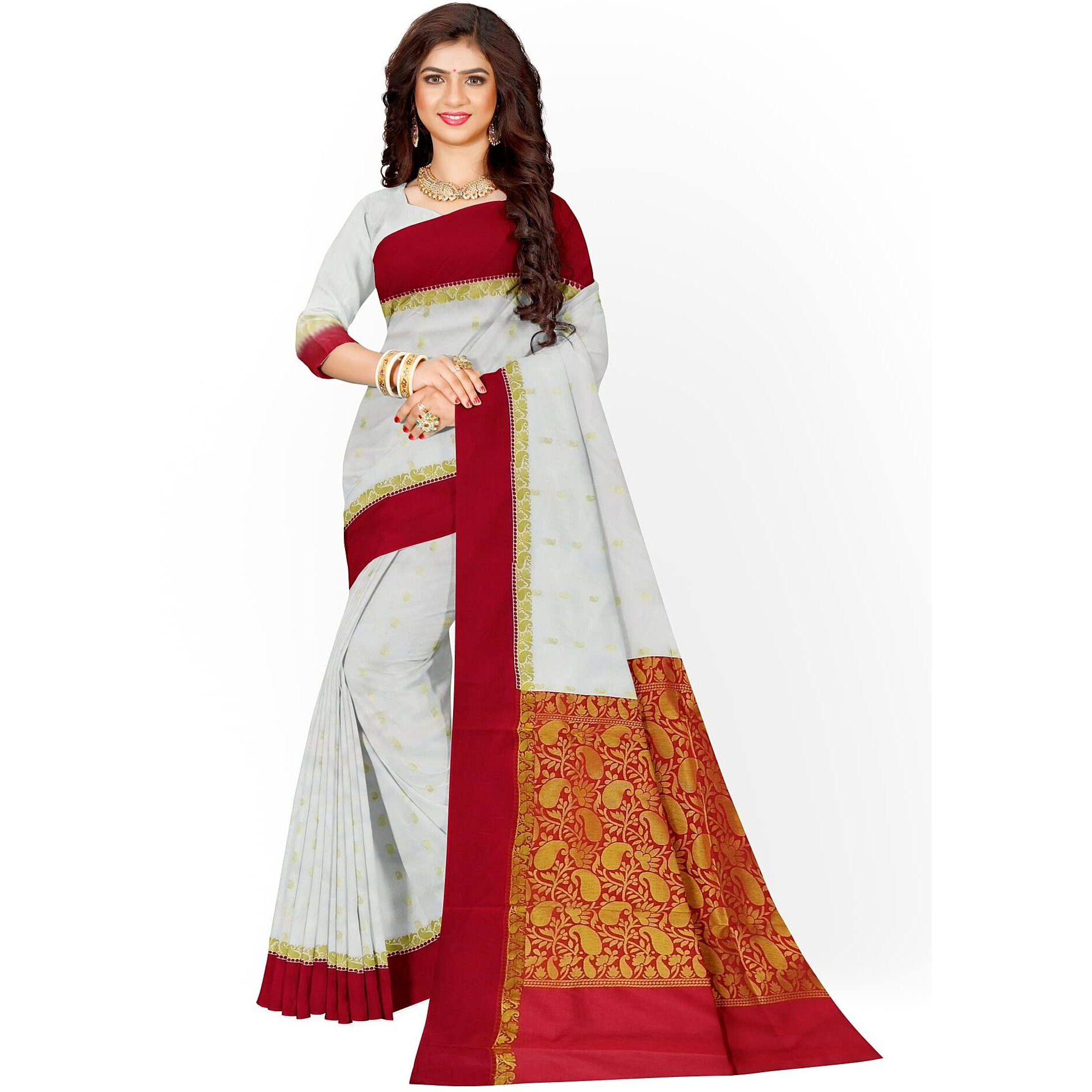Avik Creations Womens Kanchipuram Art Silk Saree With Running Blouse (AC-706_Red & Off-White)