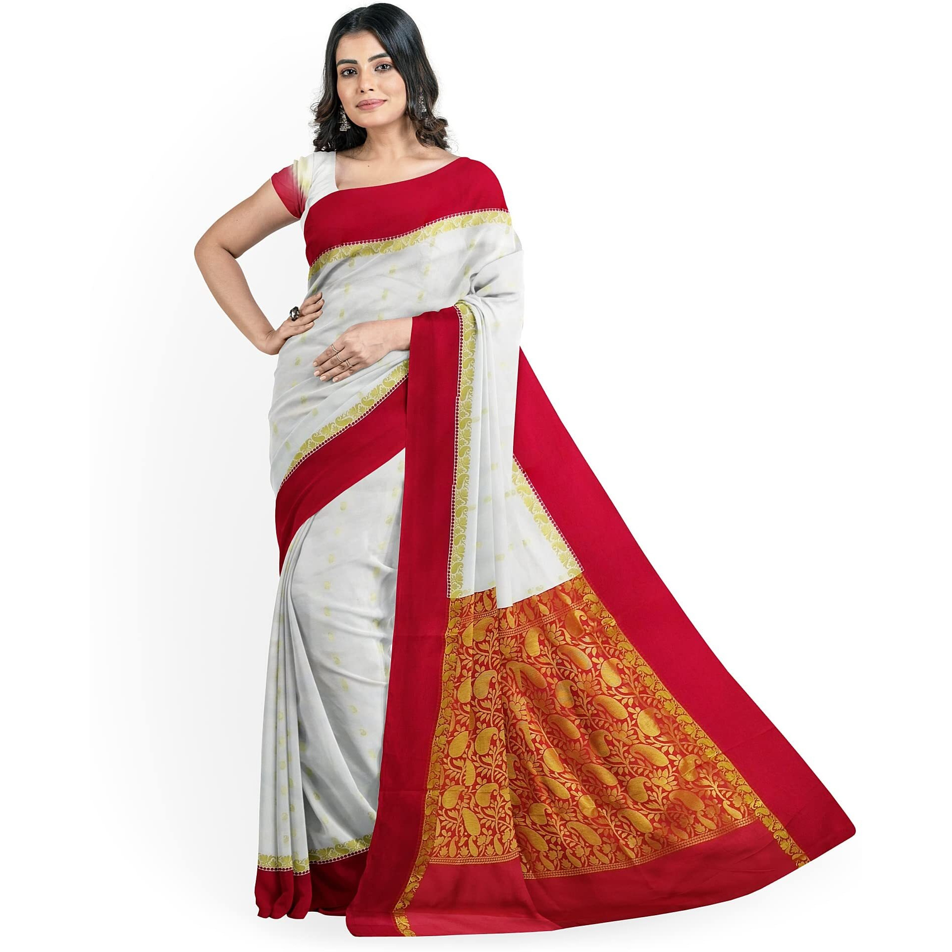 Avik Creations Womens Kanchipuram Art Silk Saree With Running Blouse (AC-706_Red & Off-White)