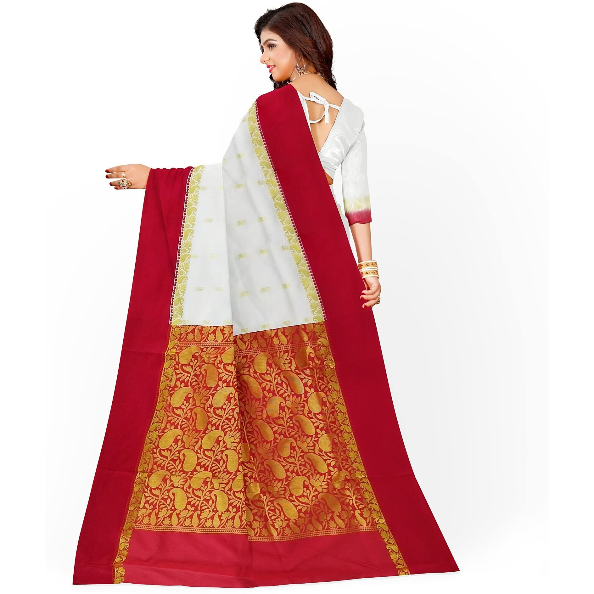 Avik Creations Womens Kanchipuram Art Silk Saree With Running Blouse (AC-706_Red & Off-White)