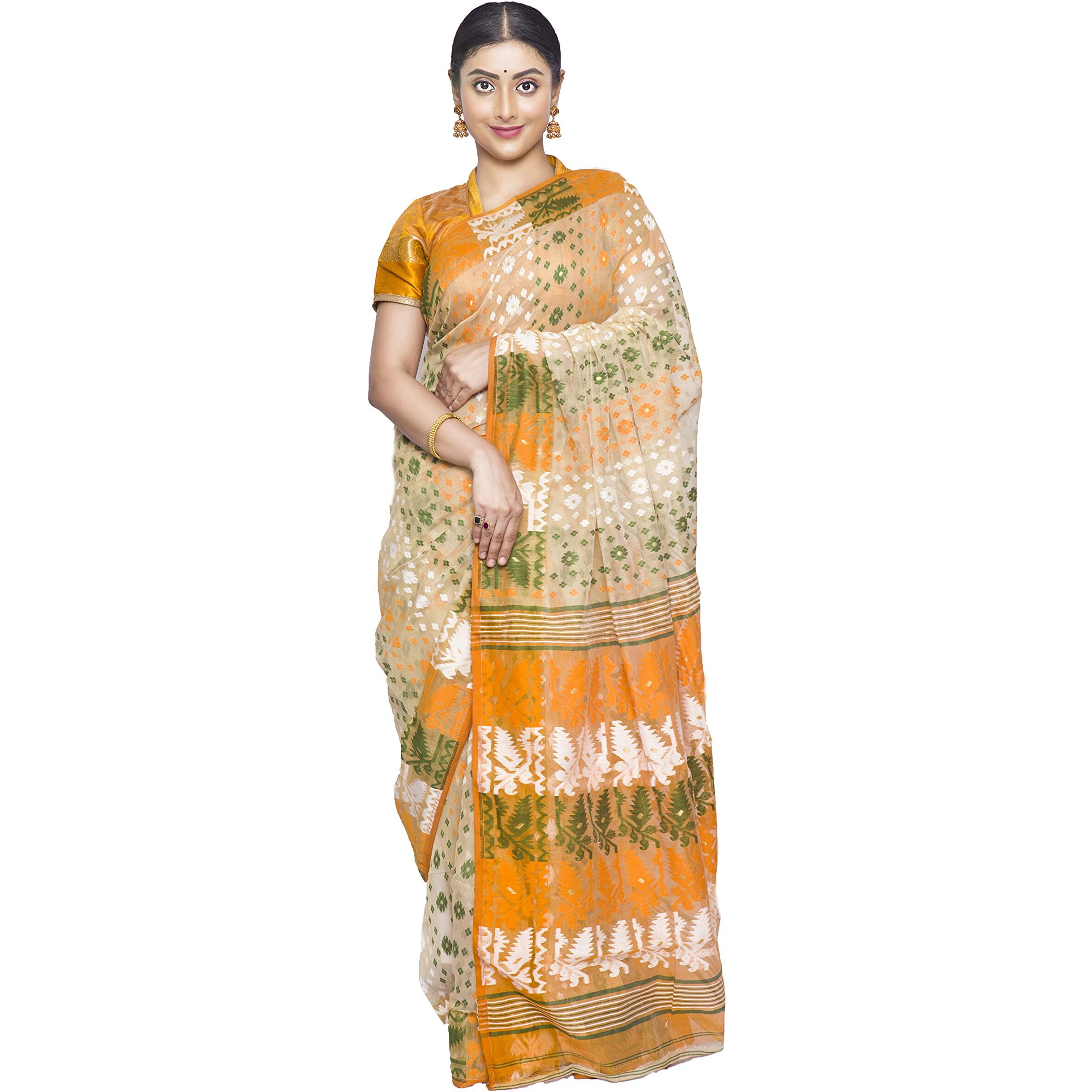DURGA HANDLOOMS Womens Dhakai Jamdani Silk Saree (DH3210A3(1))