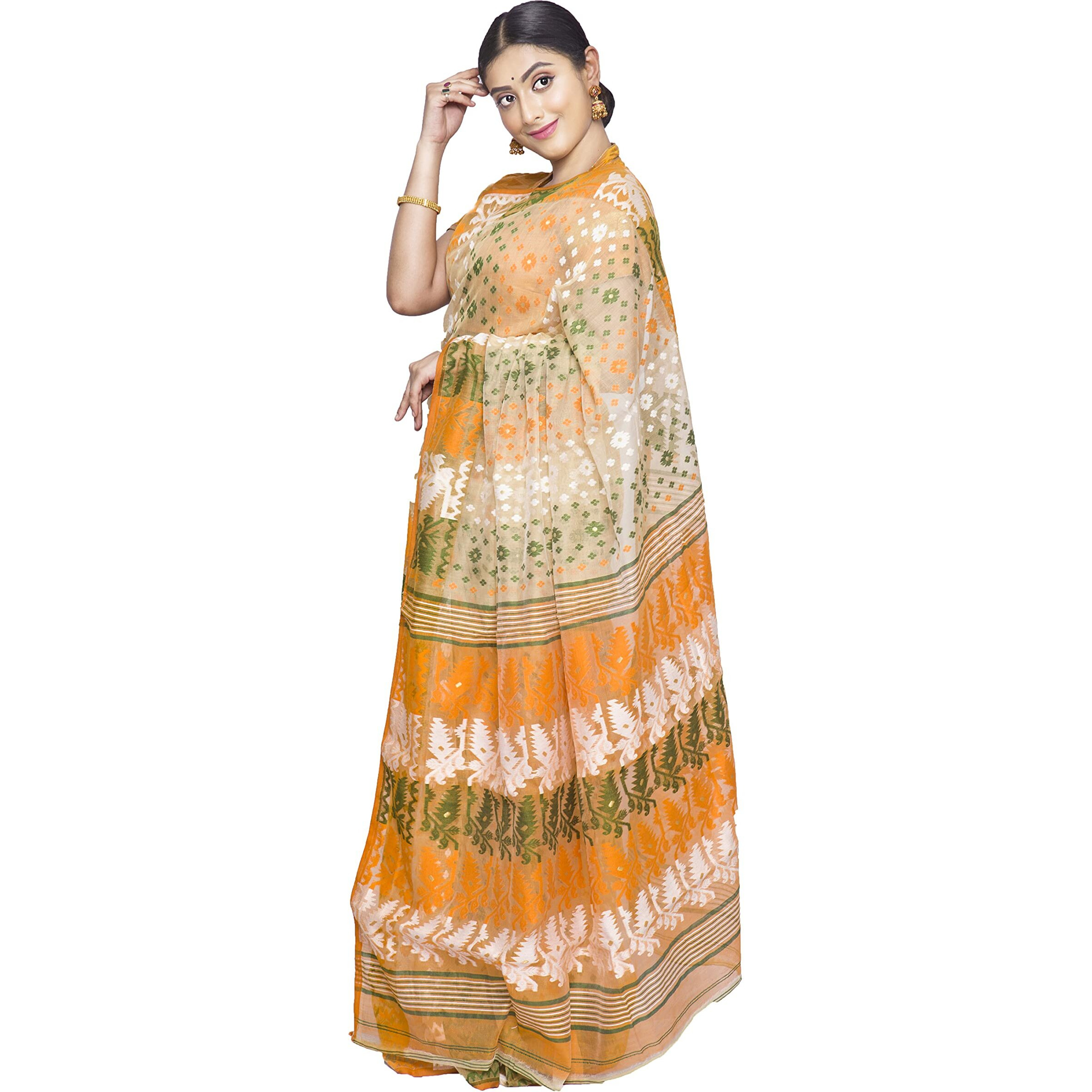 DURGA HANDLOOMS Womens Dhakai Jamdani Silk Saree (DH3210A3(1))
