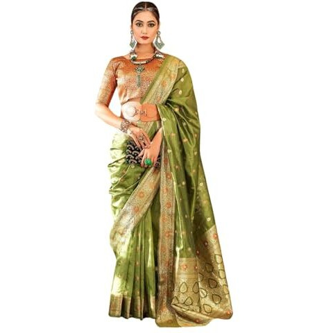 GRECIILOOKS Womens Casual Jacquard Cotton Silk Regular Fit Saree (Green)