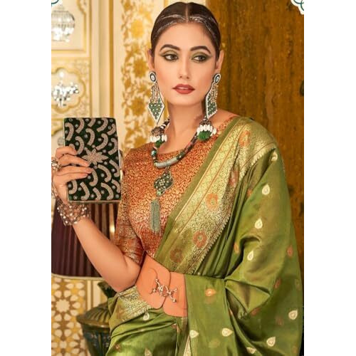 GRECIILOOKS Womens Casual Jacquard Cotton Silk Regular Fit Saree (Green)