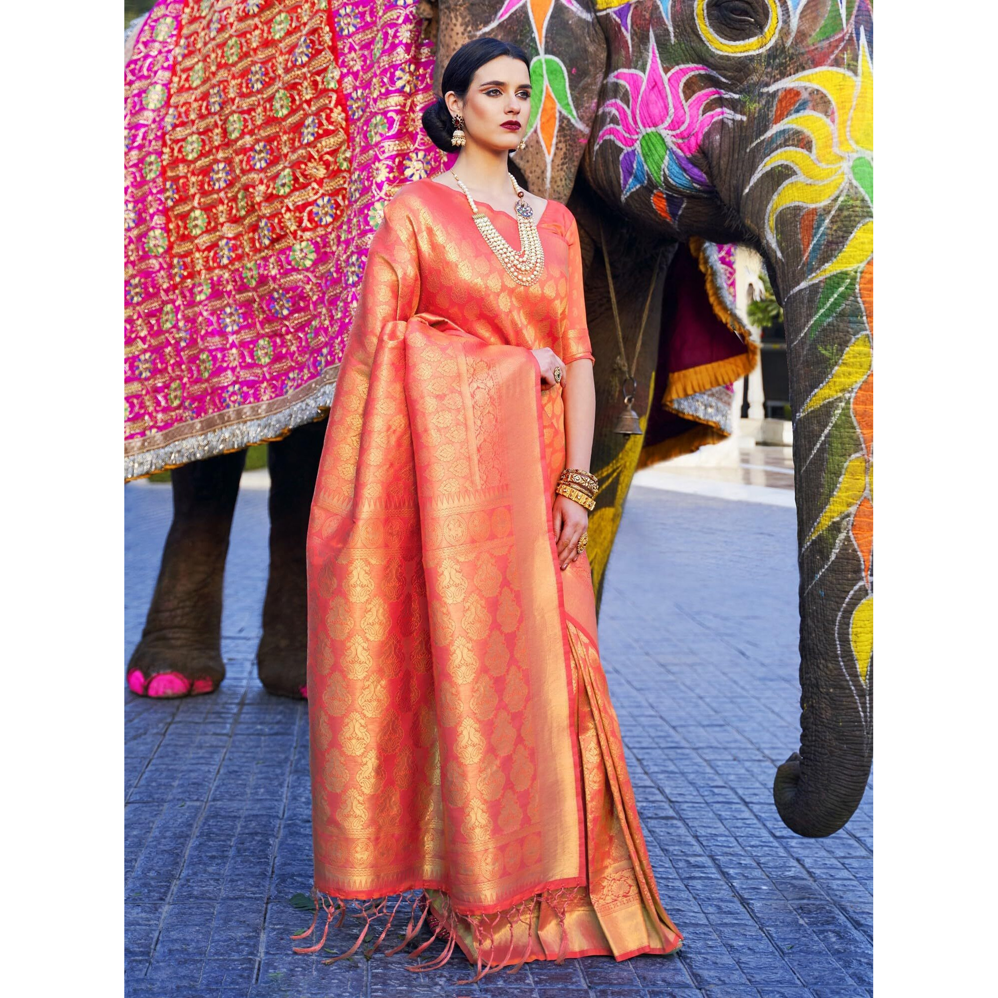 AKHILAM Womens Kanjivaram banarasi silk Woven Design Saree With Unstitched Blouse Piece (Orange_KMBH123001)