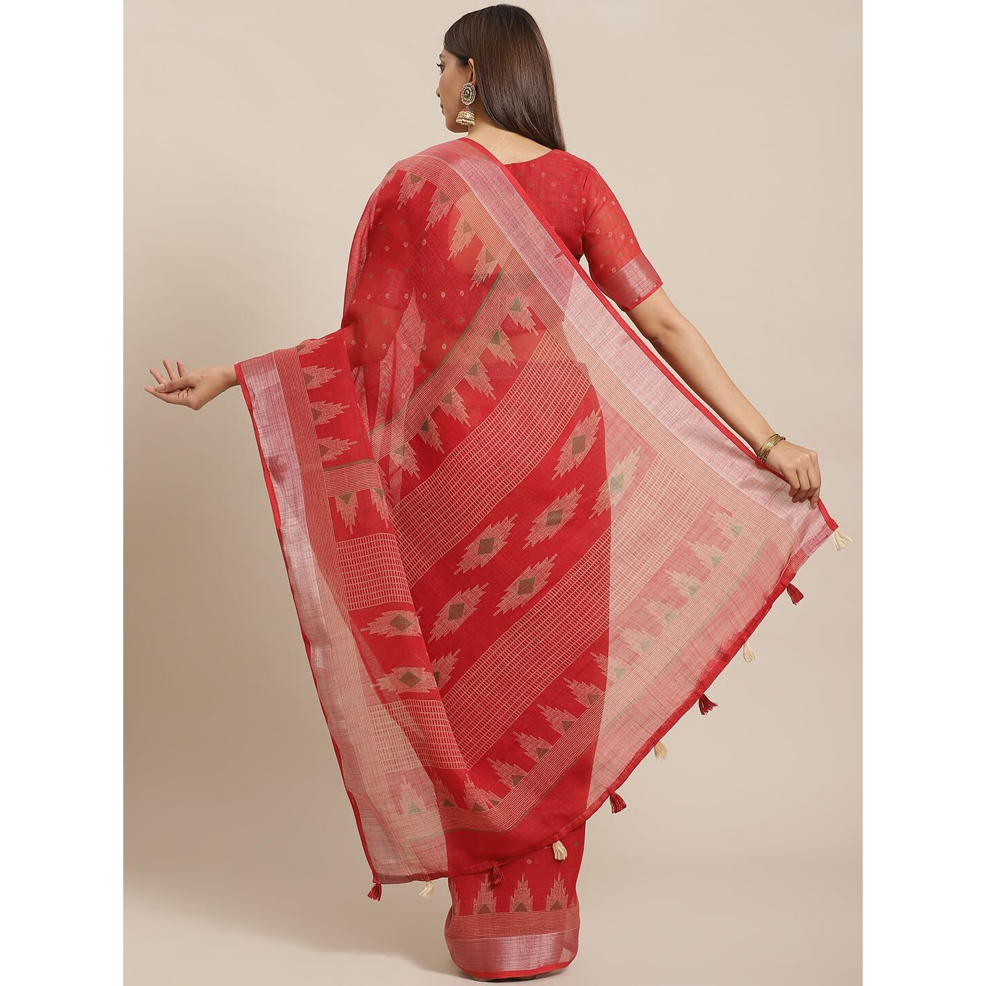 AKHILAM Womens Linen Geometric Saree with Unstitched Blouse Piece(Red_KHNA83004)