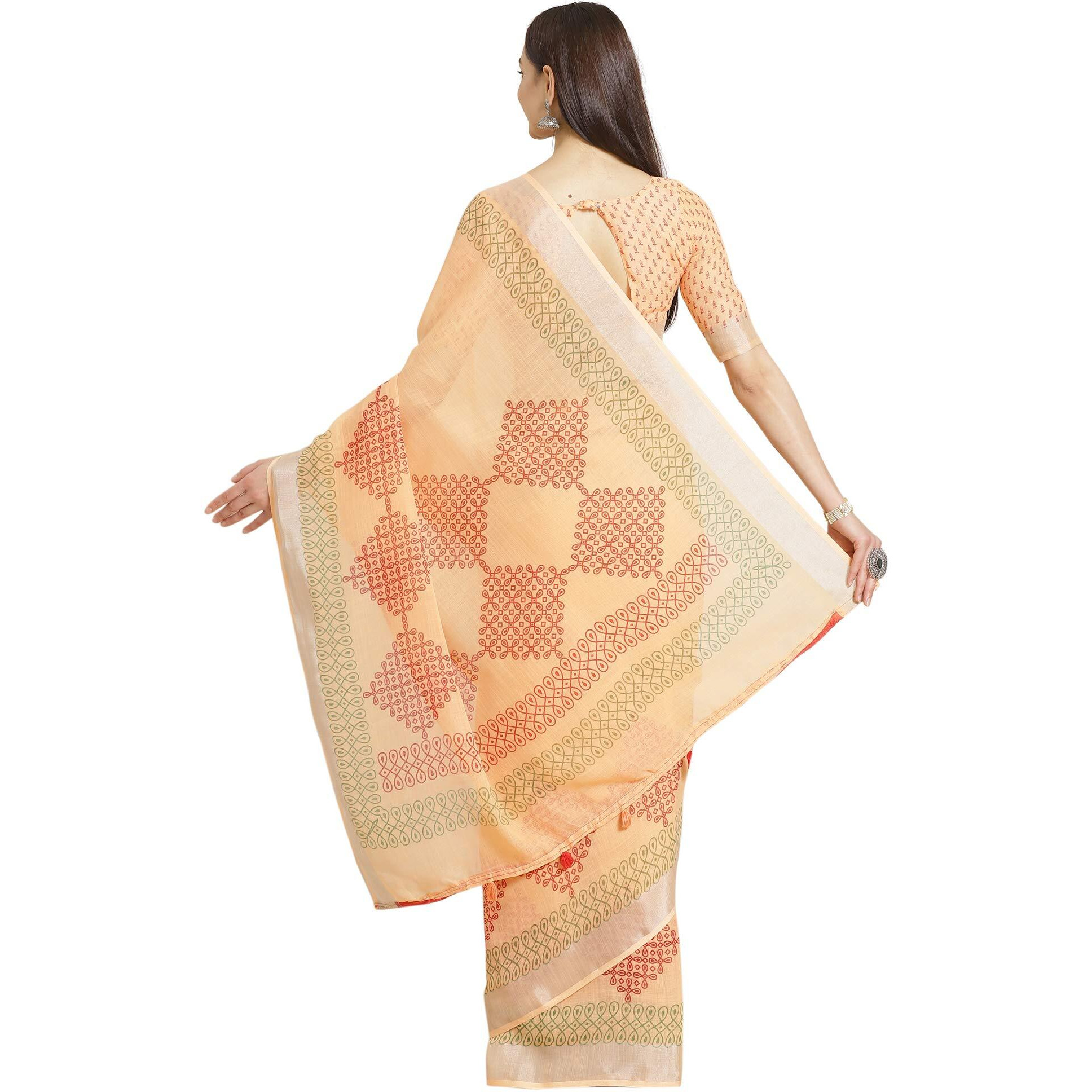 AKHILAM Womens Linen Geometric Saree With Unstitched Boluse Piece(Peach_KHNA83001)