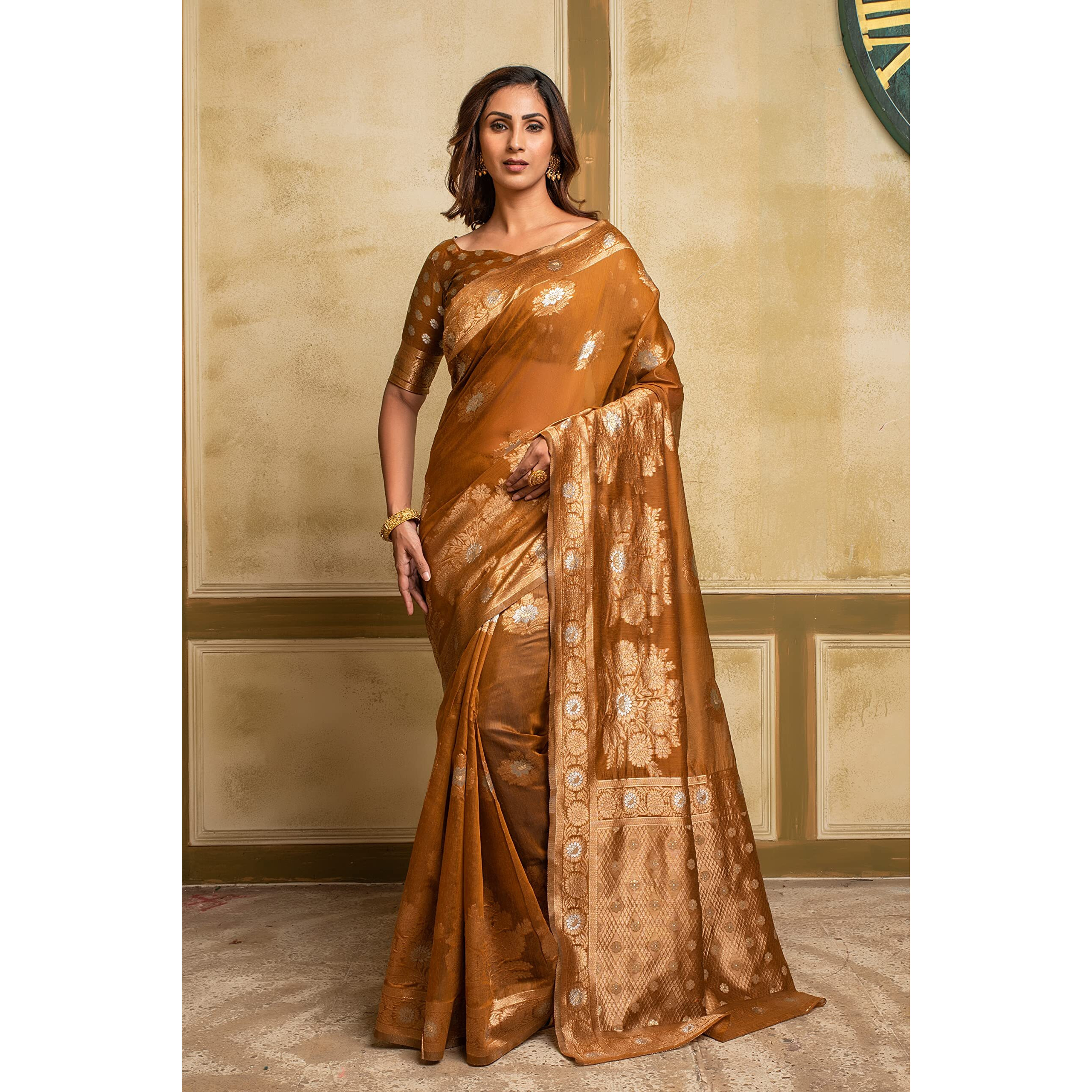 Lilots Women And Girls Woven Cotton Blend Saree With Blouse Piece (1397_Tangerine)