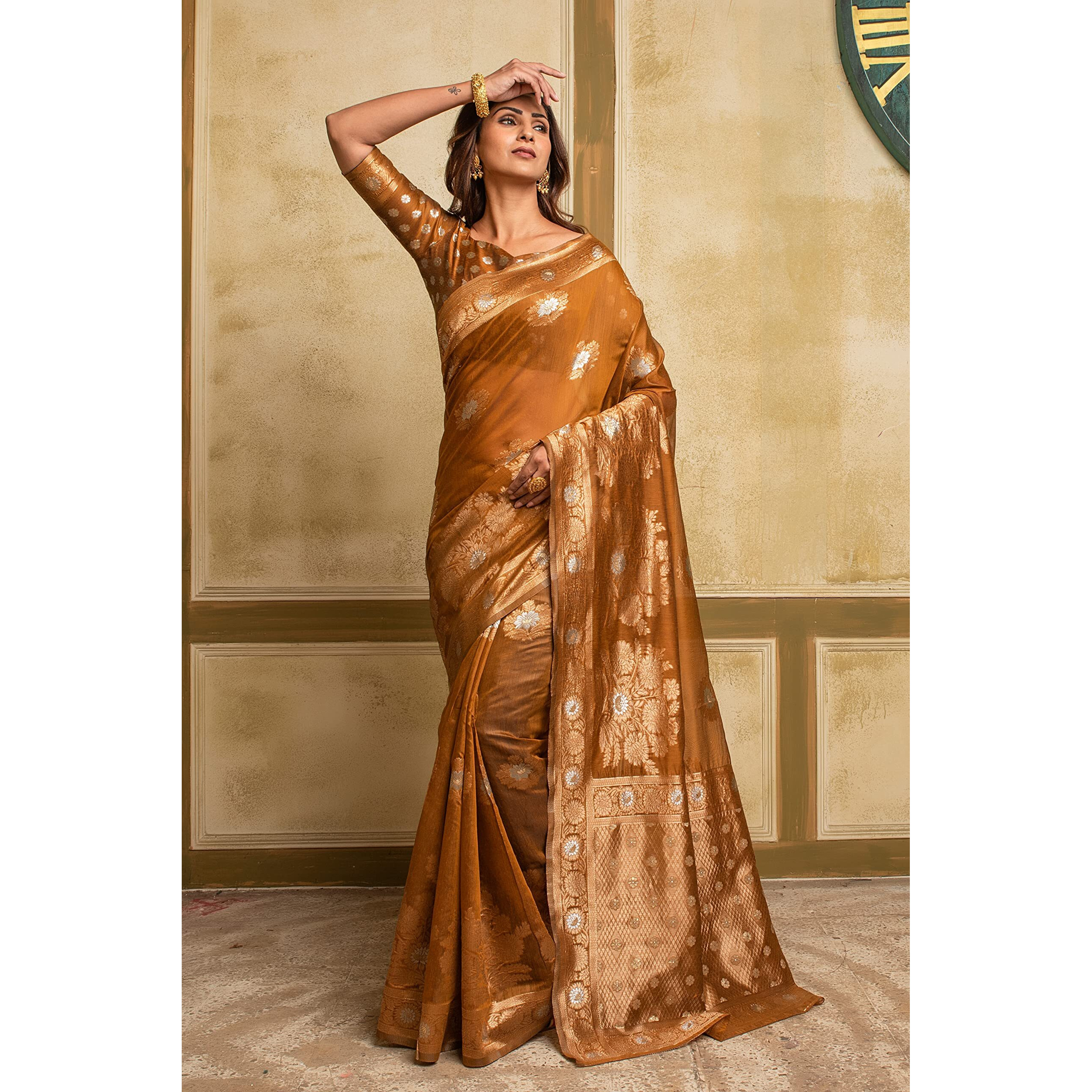 Lilots Women And Girls Woven Cotton Blend Saree With Blouse Piece (1397_Tangerine)