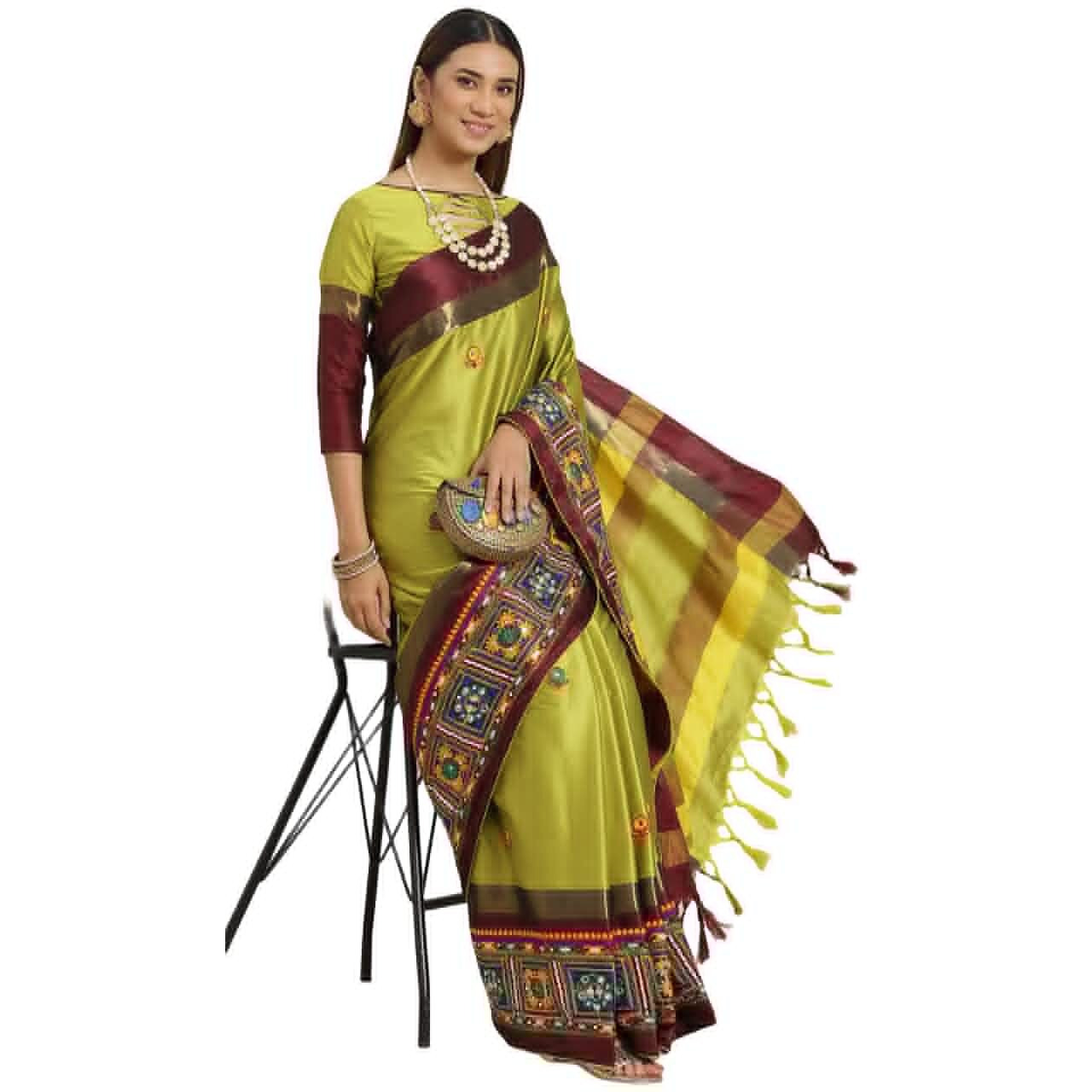arriva fab cotton silk with blouse piece Saree (Riva405_ Red_ Free Size) (Lemon Green)