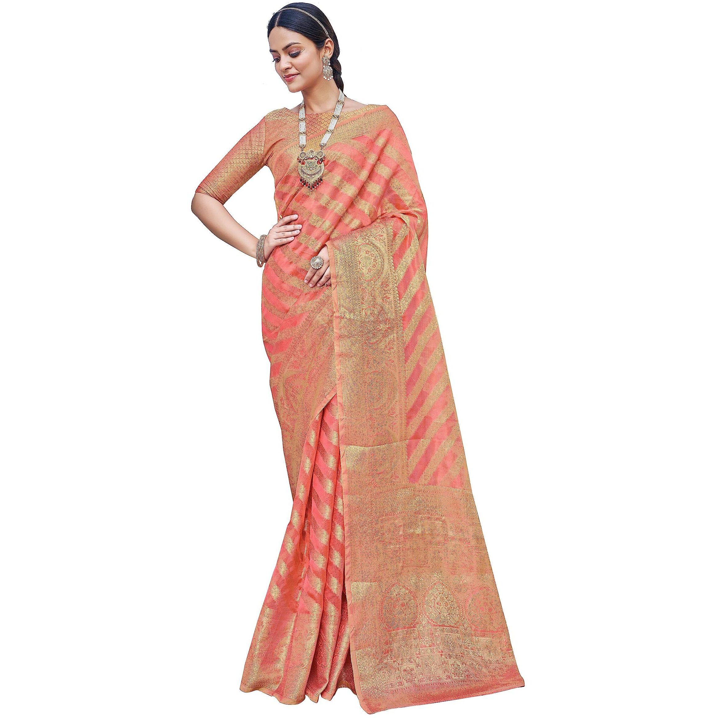 Glory Sarees Womens Organza Silk Woven Saree With Blouse Piece (Organza_SIlk101_Pink)