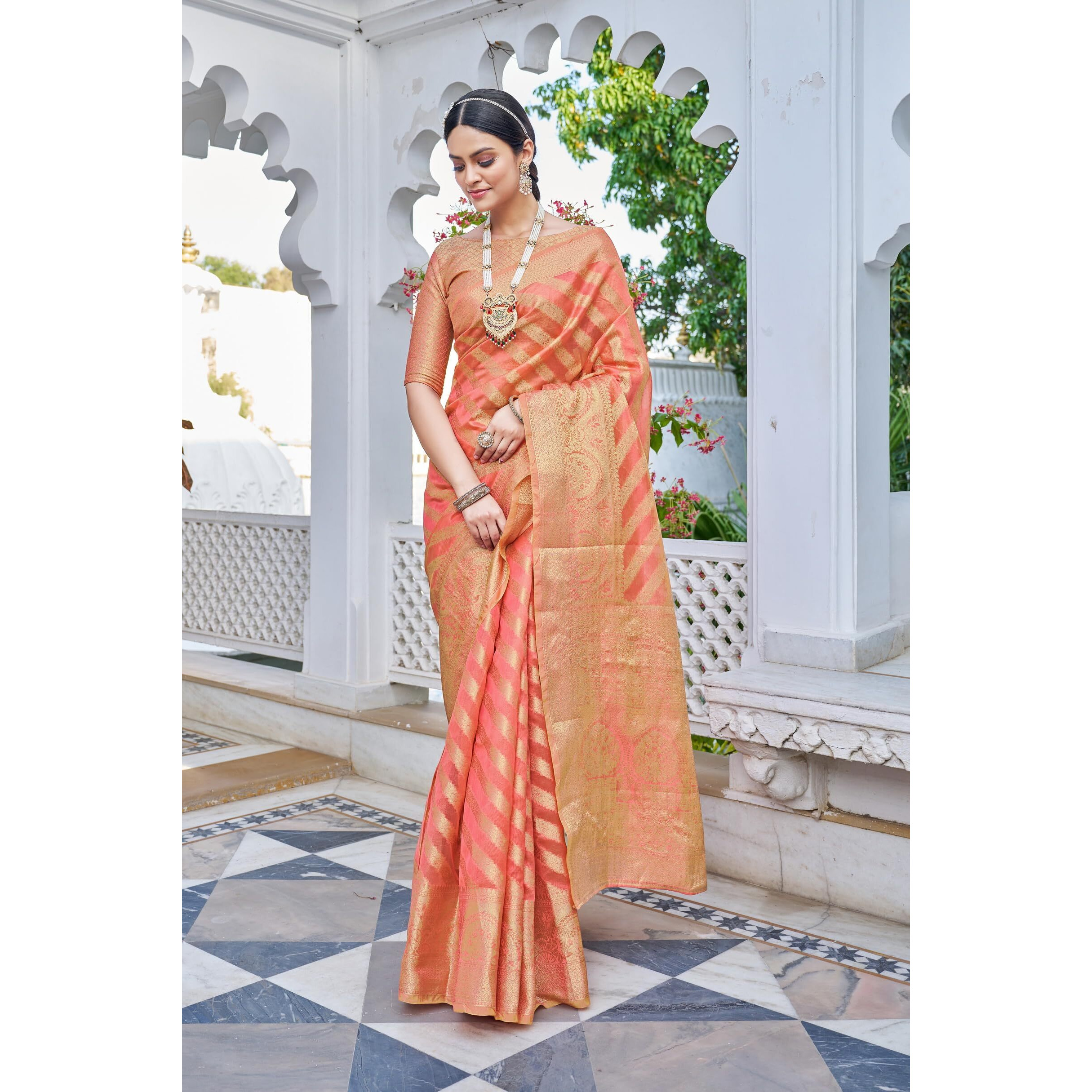 Glory Sarees Womens Organza Silk Woven Saree With Blouse Piece (Organza_SIlk101_Pink)