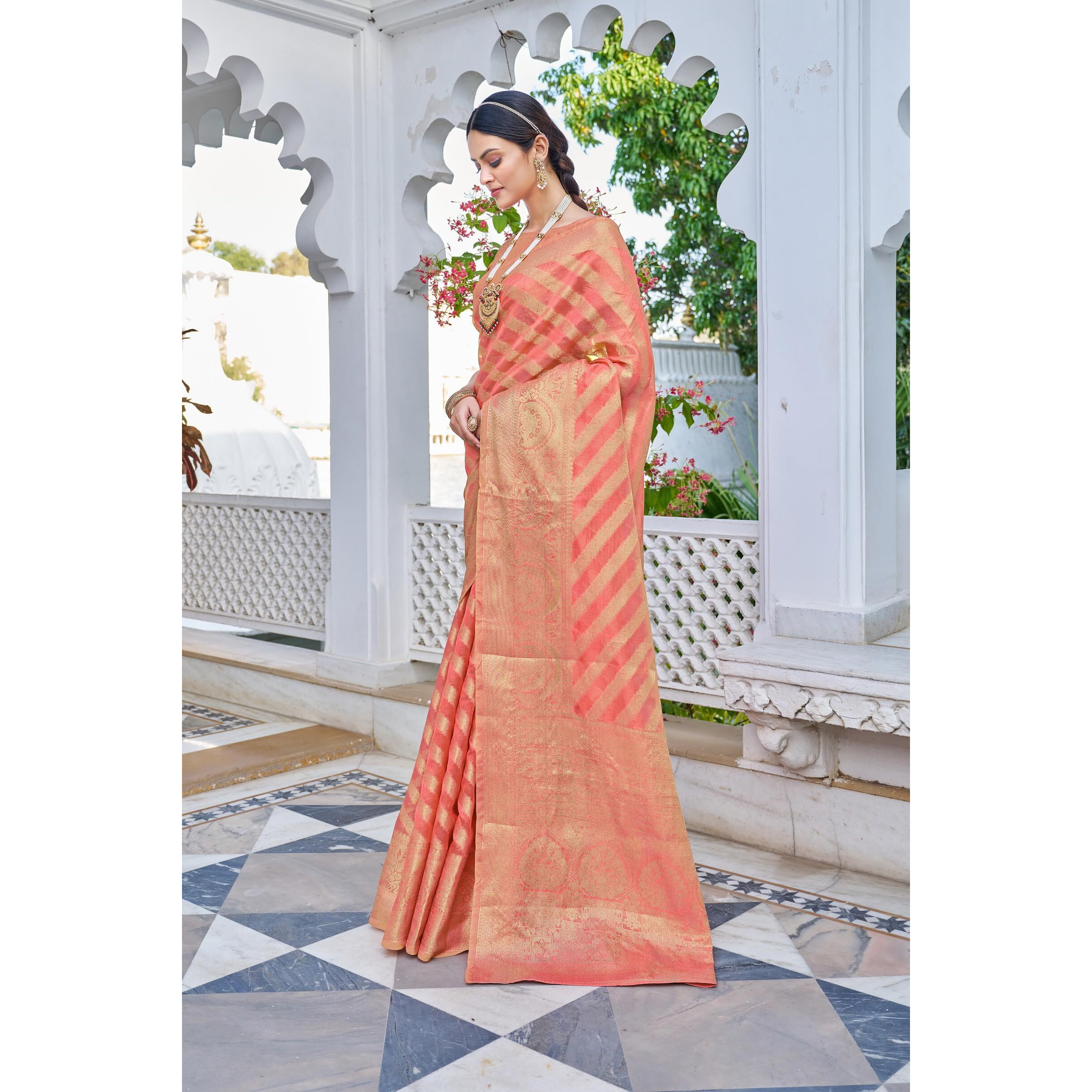 Glory Sarees Womens Organza Silk Woven Saree With Blouse Piece (Organza_SIlk101_Pink)