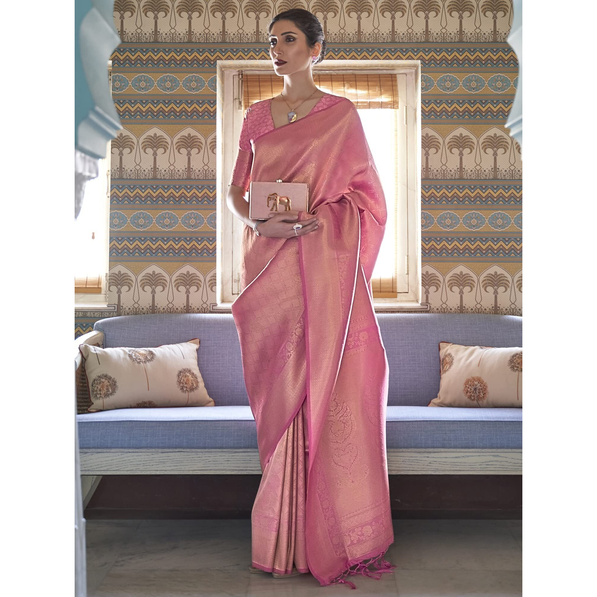 AKHILAM Womens Silk Blend Woven Design Saree With Unstitched Blouse Piece (Pink_KMBHP236001_RJ)