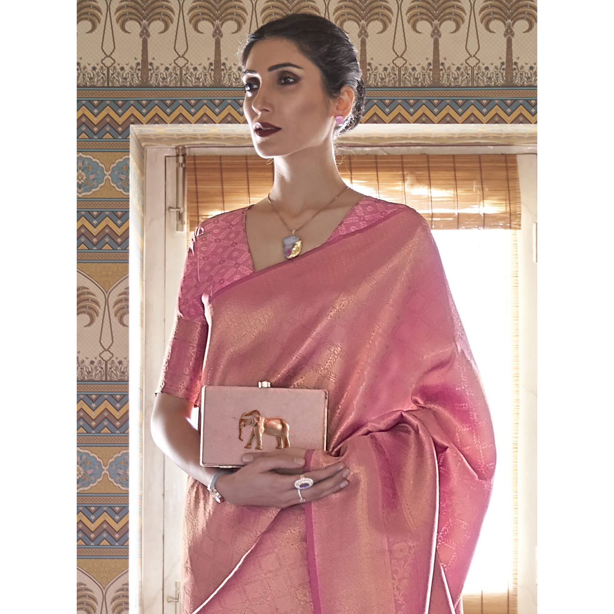 AKHILAM Womens Silk Blend Woven Design Saree With Unstitched Blouse Piece (Pink_KMBHP236001_RJ)