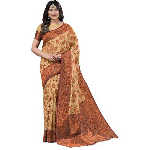 Jaanvi fashion Womens Floral Pattern Cotton Silk Saree With Copper Zari Work & Blouse Piece (zila-beige)