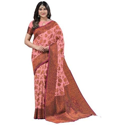 Jaanvi fashion Womens Floral Pattern Cotton Silk Saree With Copper Zari Work & Blouse Piece (zila-pink)
