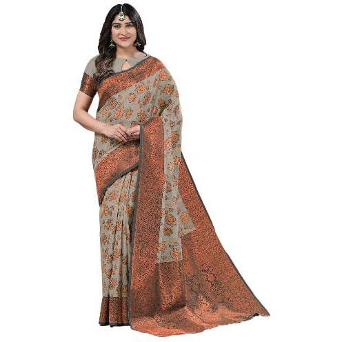 Jaanvi fashion Womens Floral Pattern Cotton Silk Saree With Copper Zari Work & Blouse Piece (zila-grey)