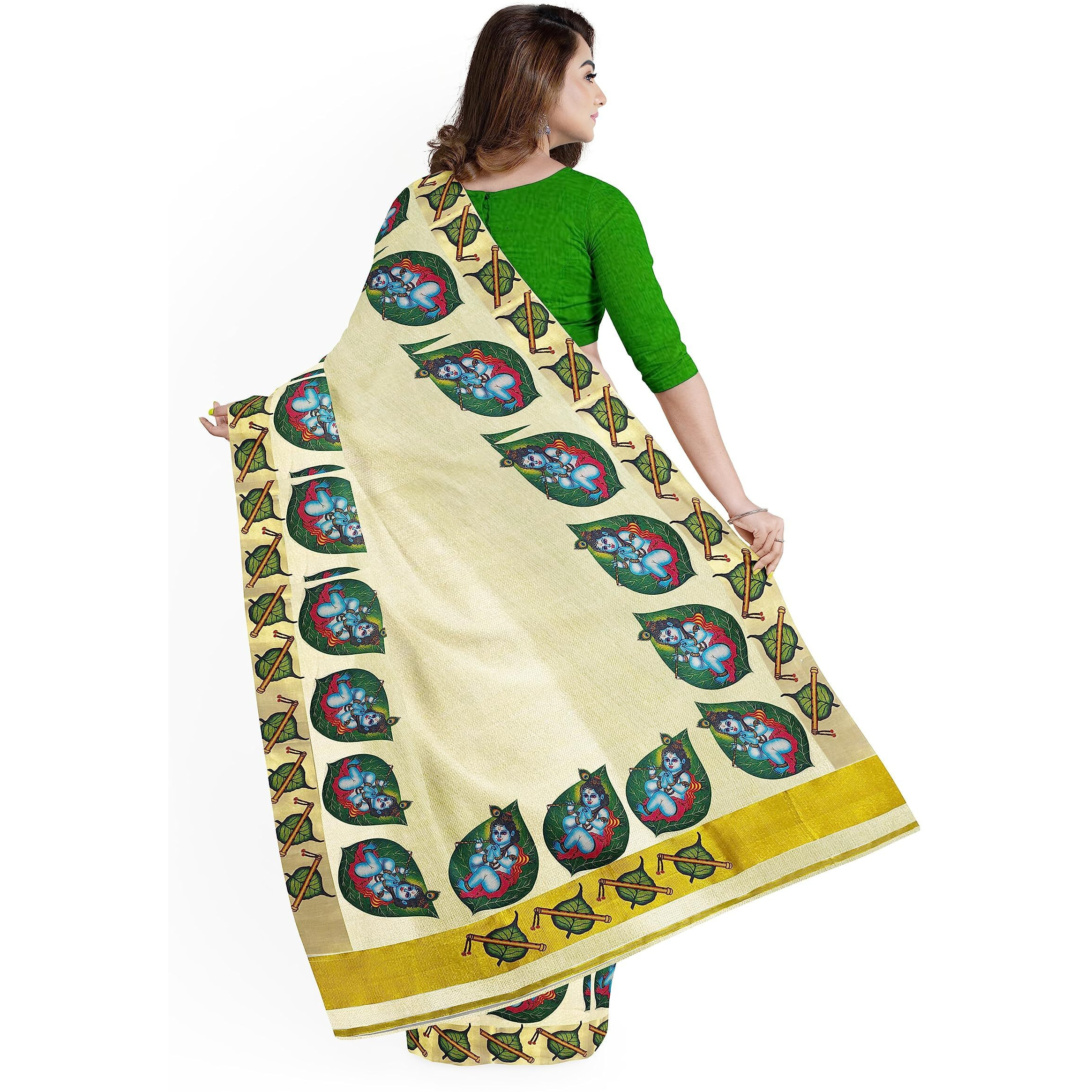mylooms Womens Kuthampully Kerala Kasavu Saree with Running Blouse Tissue Cotton Mural Painted (Green Alila Krishna)