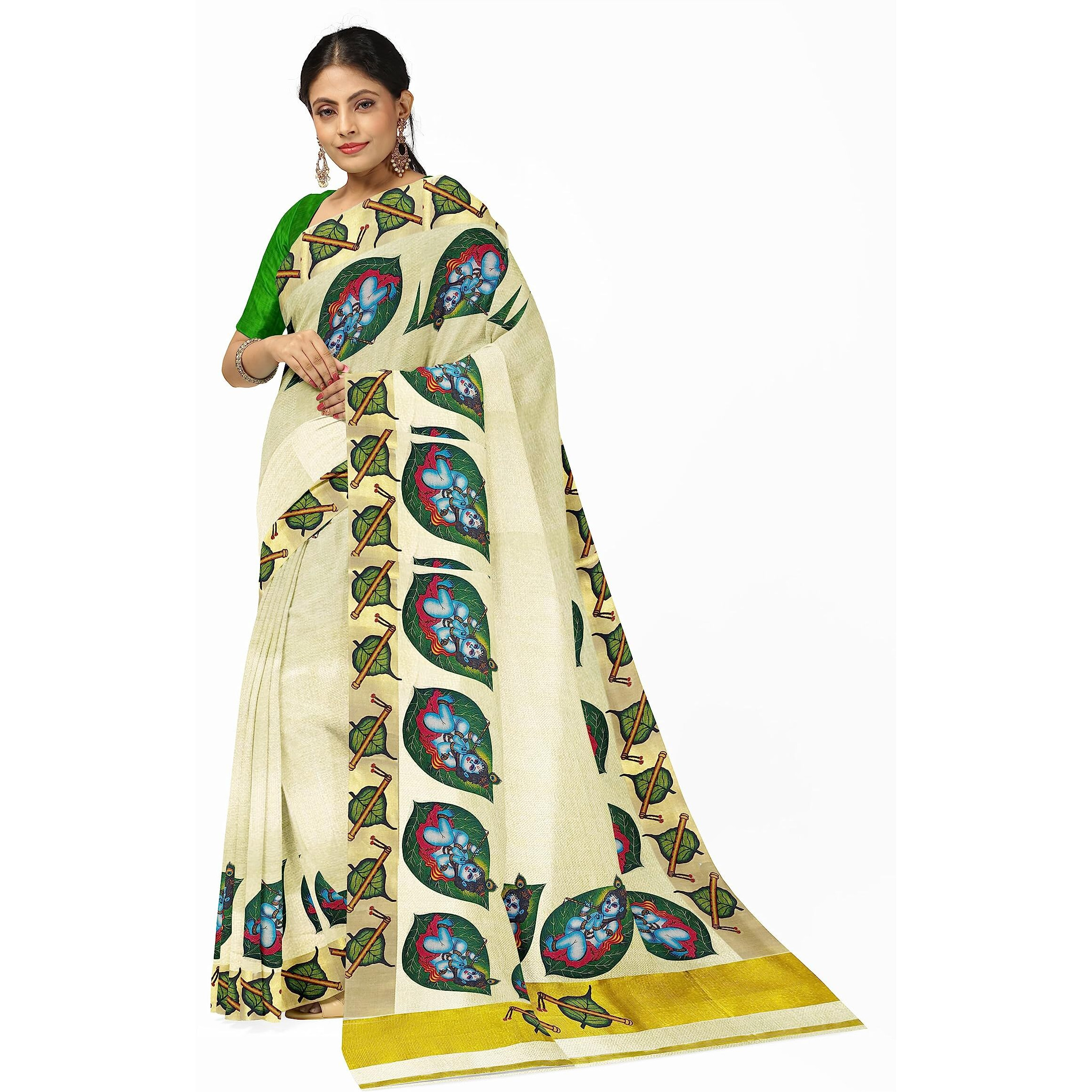 mylooms Womens Kuthampully Kerala Kasavu Saree with Running Blouse Tissue Cotton Mural Painted (Green Alila Krishna)