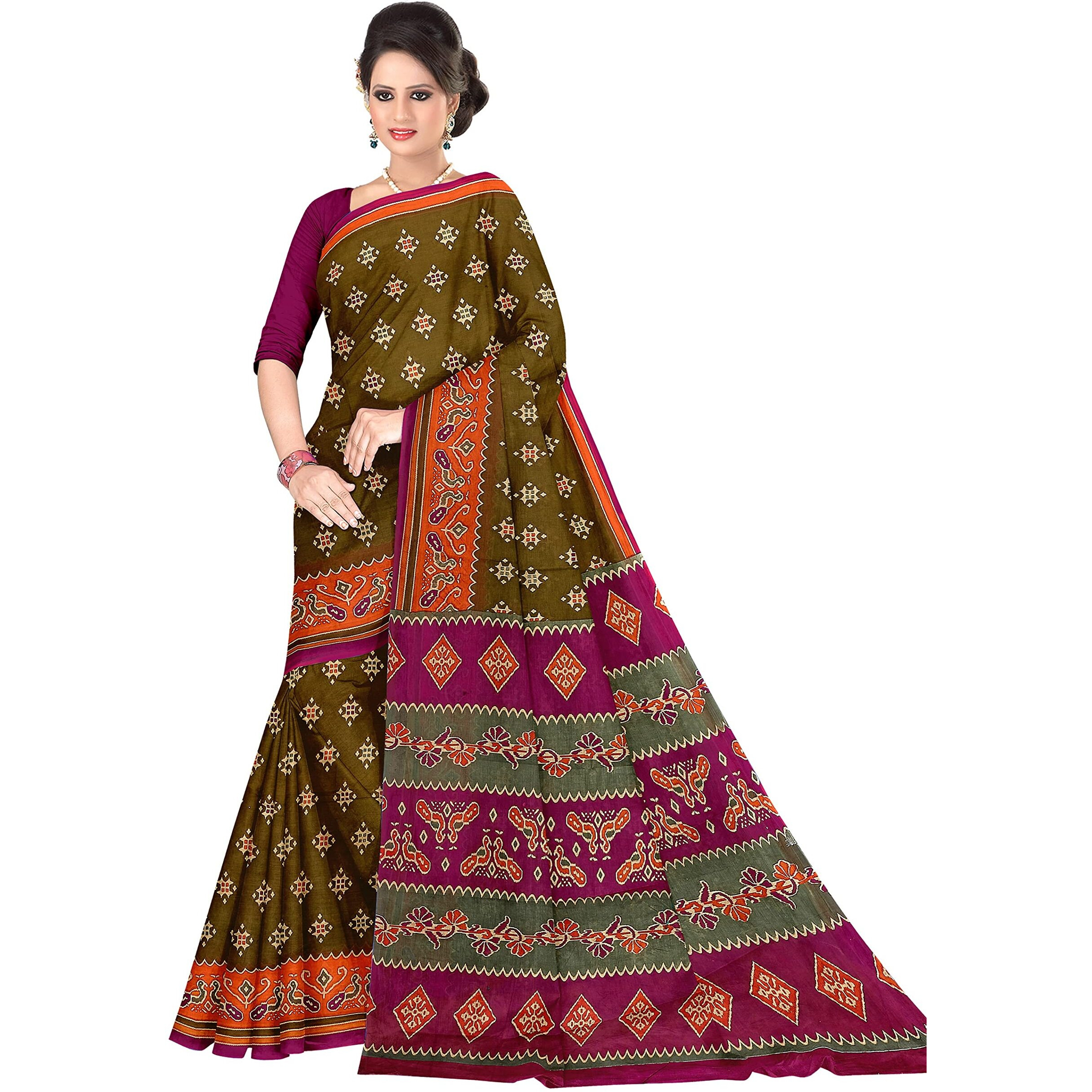 TAMAIRA FASHION Womens Plain Weave Pure Cotton Saree Without Blouse Piece(AB30_Mehendi)