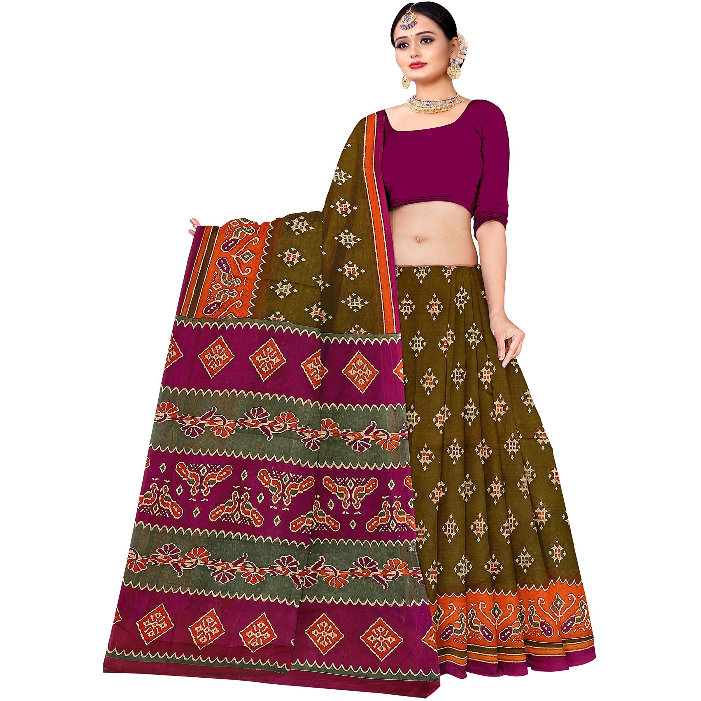 TAMAIRA FASHION Womens Plain Weave Pure Cotton Saree Without Blouse Piece(AB30_Mehendi)