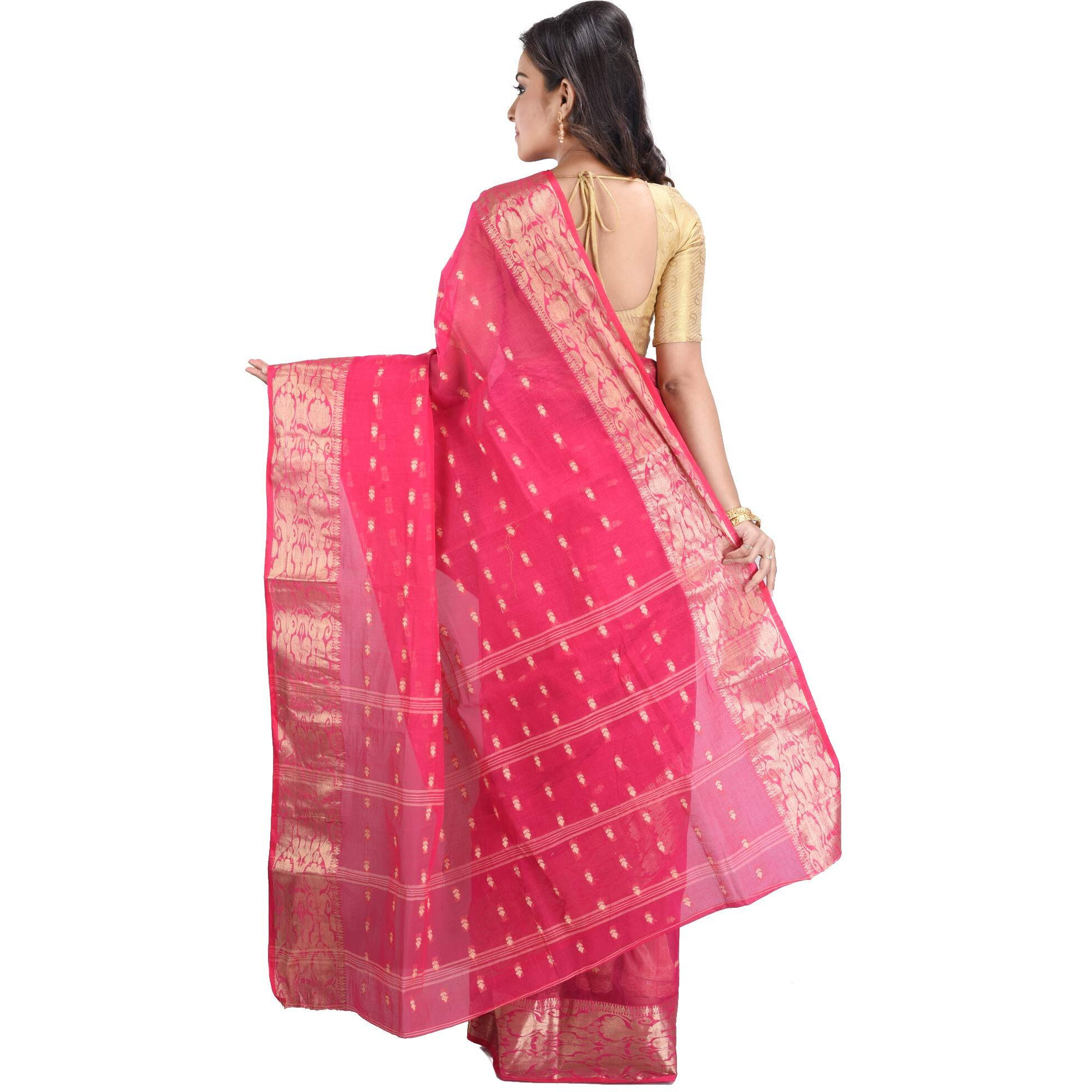 RAJ SAREE HOUSE Womens Pure Cotton Traditional Bengali Tant Saree without Blouse Piece - (Rani)
