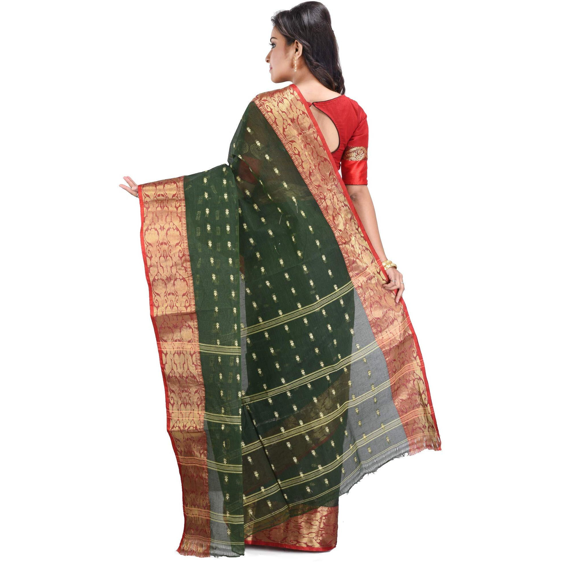 RAJ SAREE HOUSE Womens Pure Cotton Traditional Bengali Tant Saree without Blouse Piece - (Bottle Green)