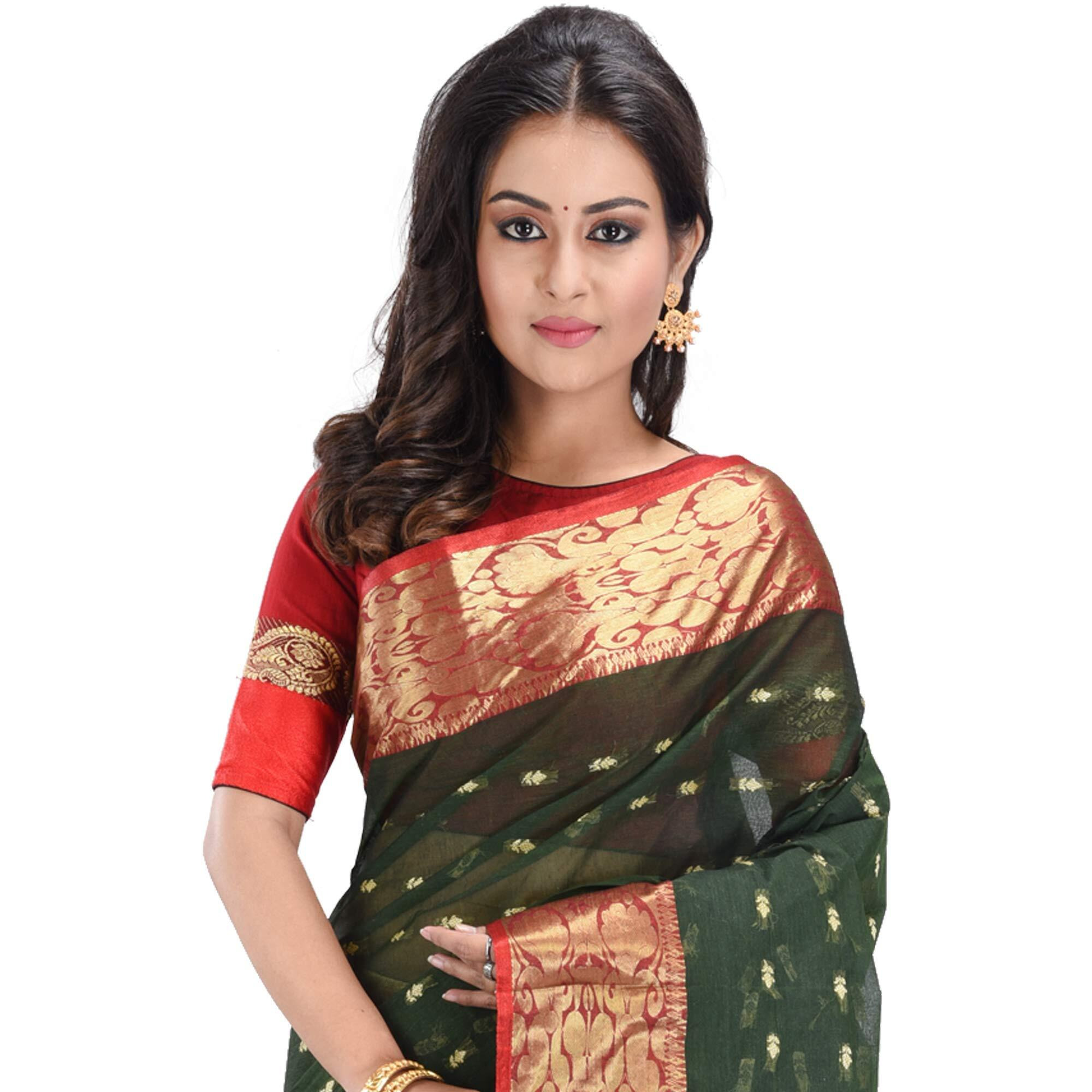 RAJ SAREE HOUSE Womens Pure Cotton Traditional Bengali Tant Saree without Blouse Piece - (Bottle Green)