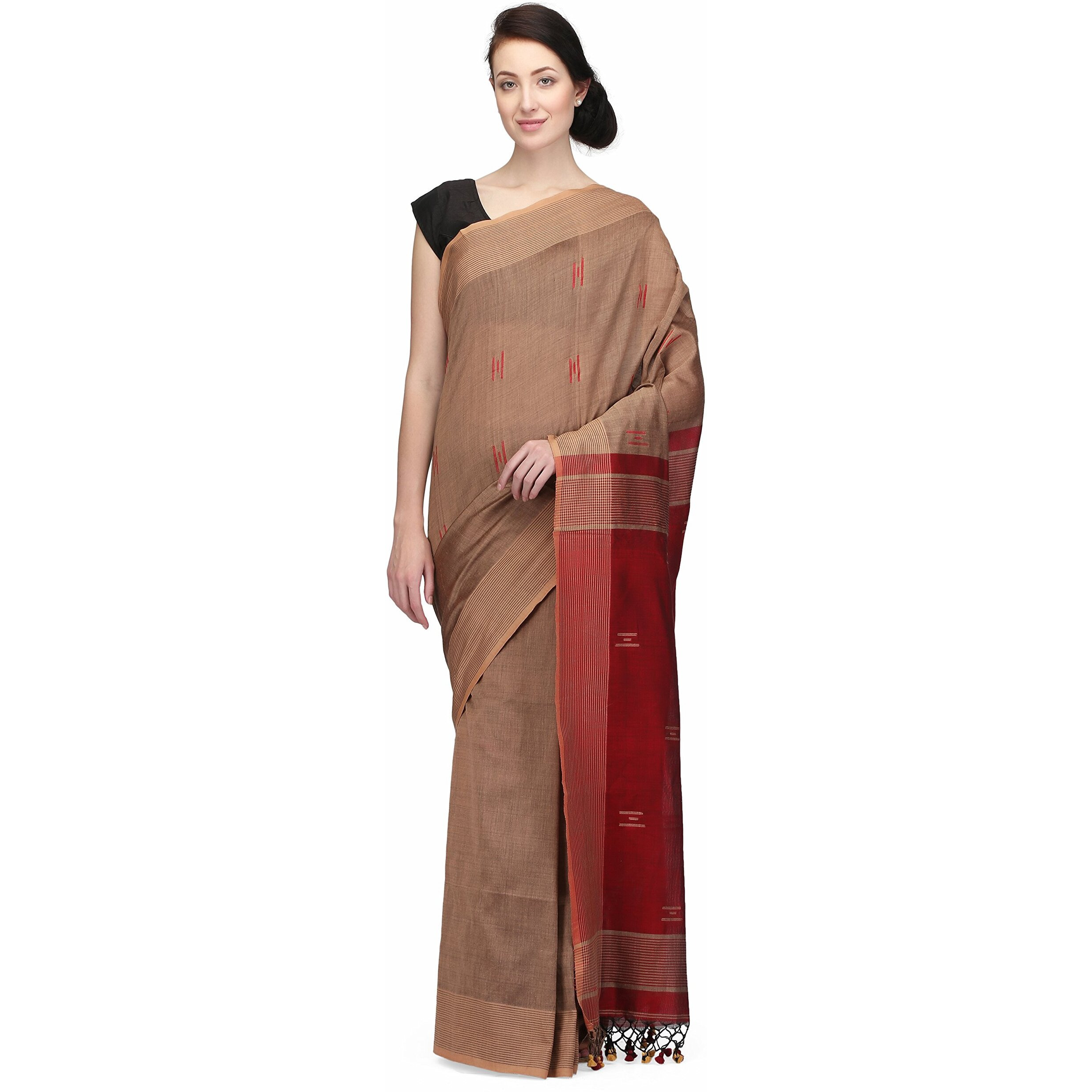 THE WEAVE TRAVELLER Handloom Hand Woven Cotton Saree for Women with Attached Blouses and Pom Pom Edgings (Brown Maroon)