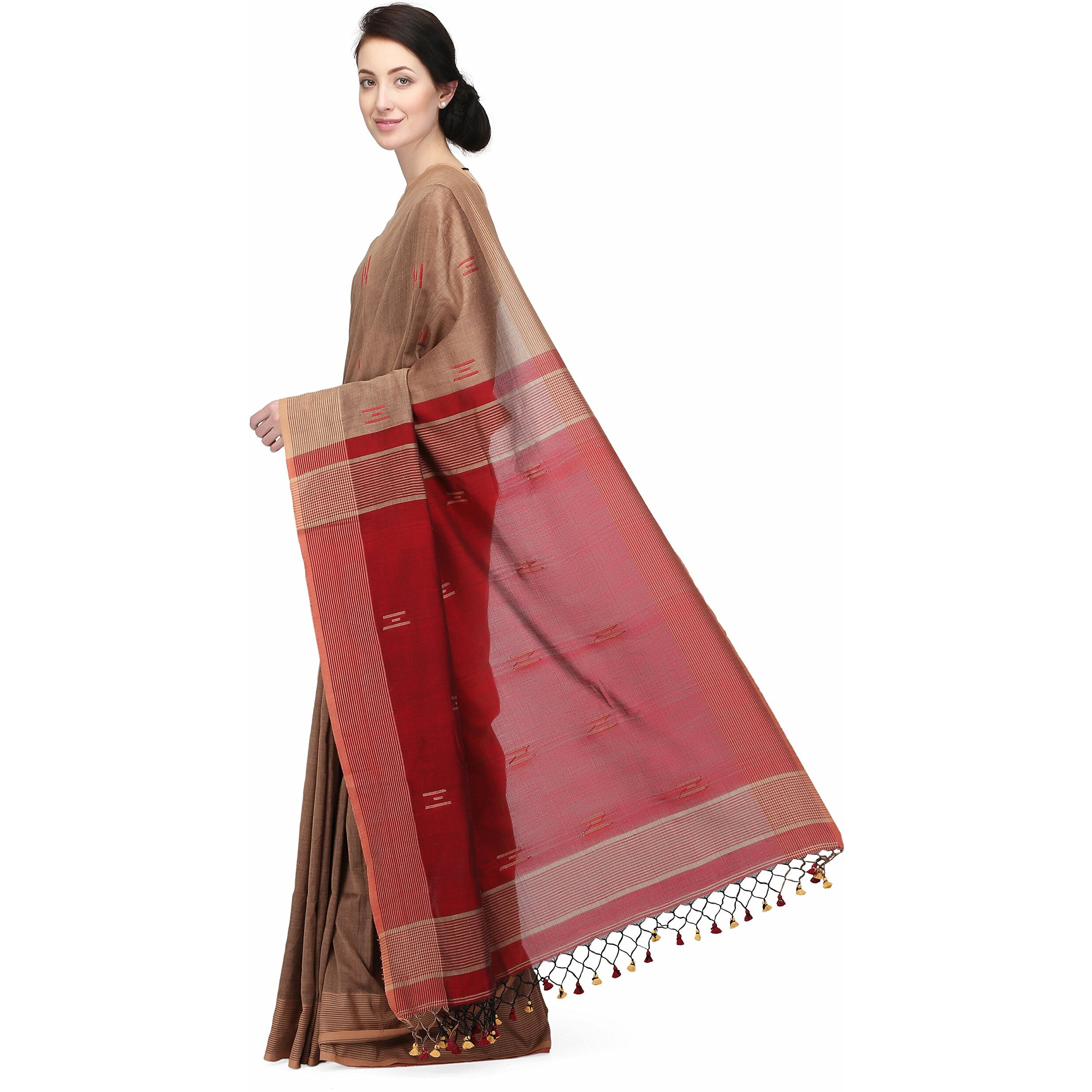 THE WEAVE TRAVELLER Handloom Hand Woven Cotton Saree for Women with Attached Blouses and Pom Pom Edgings (Brown Maroon)