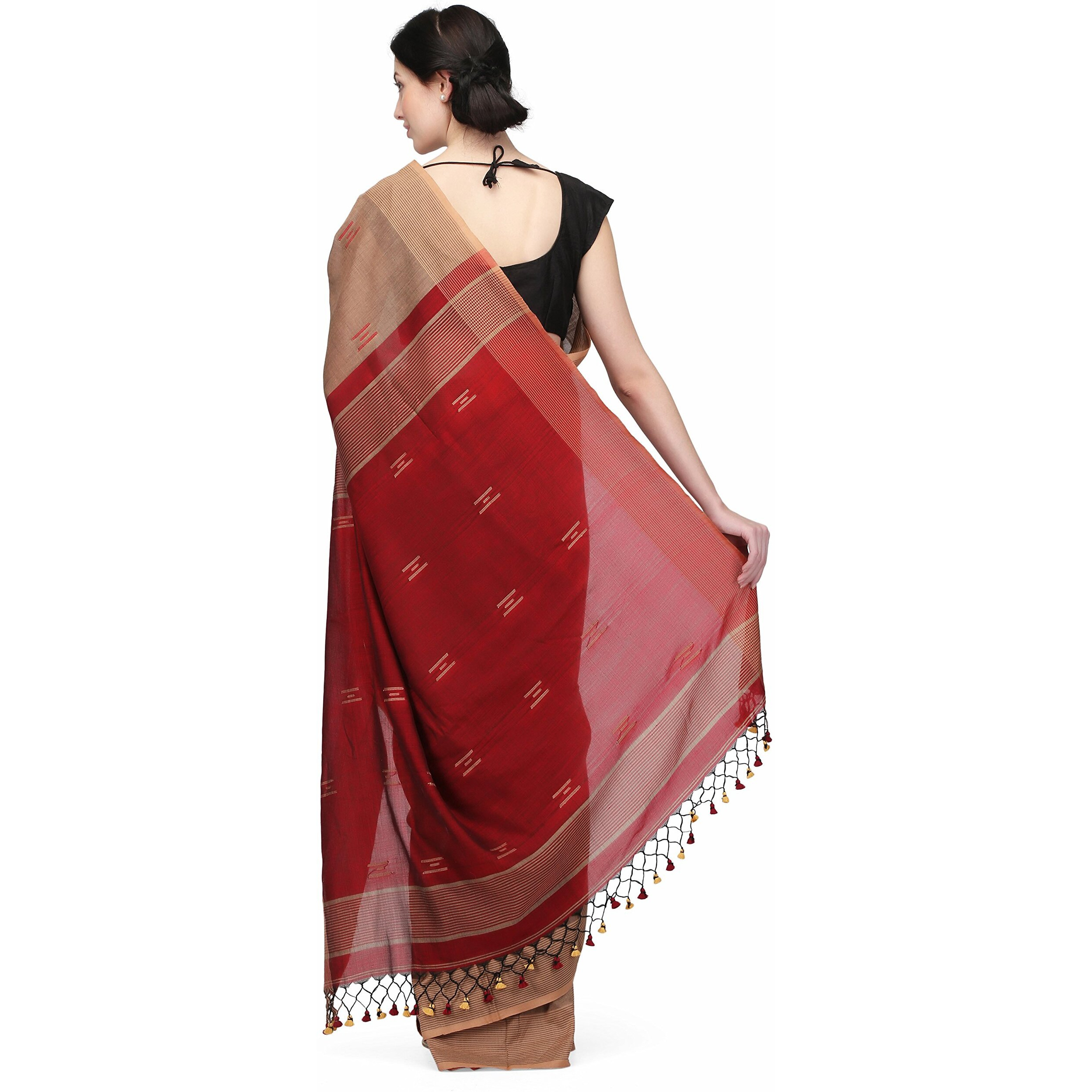 THE WEAVE TRAVELLER Handloom Hand Woven Cotton Saree for Women with Attached Blouses and Pom Pom Edgings (Brown Maroon)
