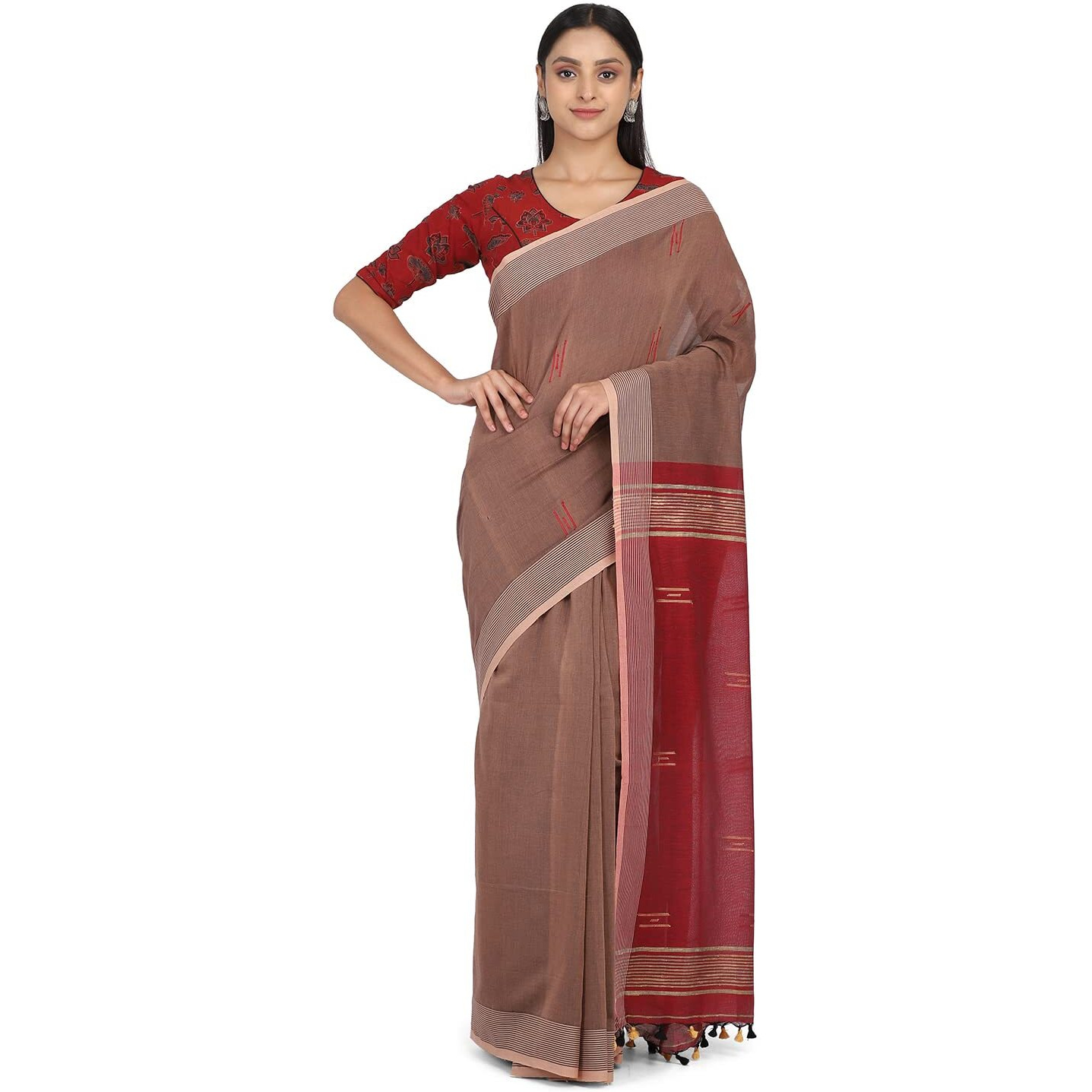 THE WEAVE TRAVELLER Handloom Hand Woven Cotton Saree for Women with Attached Blouses and Pom Pom Edgings (Bronze)
