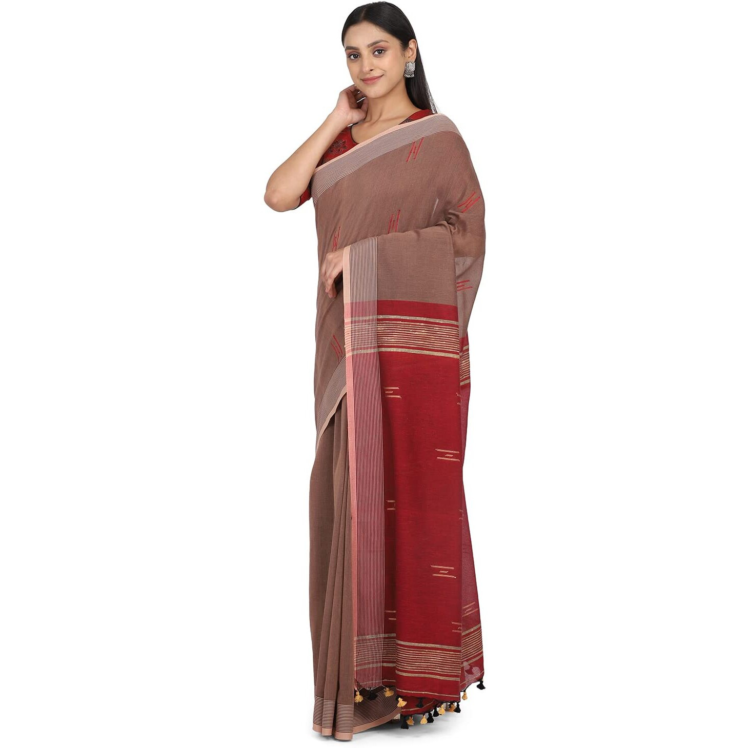 THE WEAVE TRAVELLER Handloom Hand Woven Cotton Saree for Women with Attached Blouses and Pom Pom Edgings (Bronze)