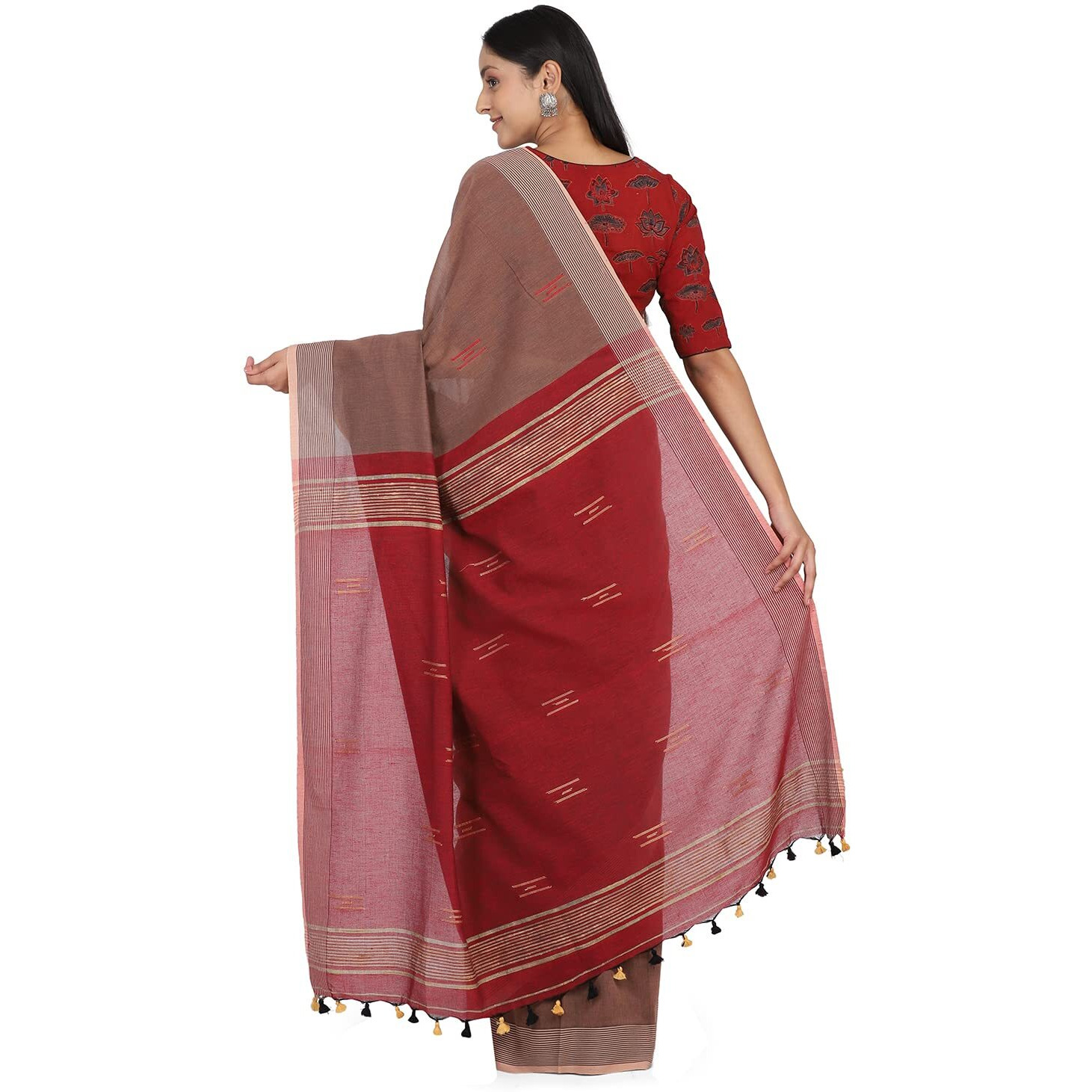 THE WEAVE TRAVELLER Handloom Hand Woven Cotton Saree for Women with Attached Blouses and Pom Pom Edgings (Bronze)