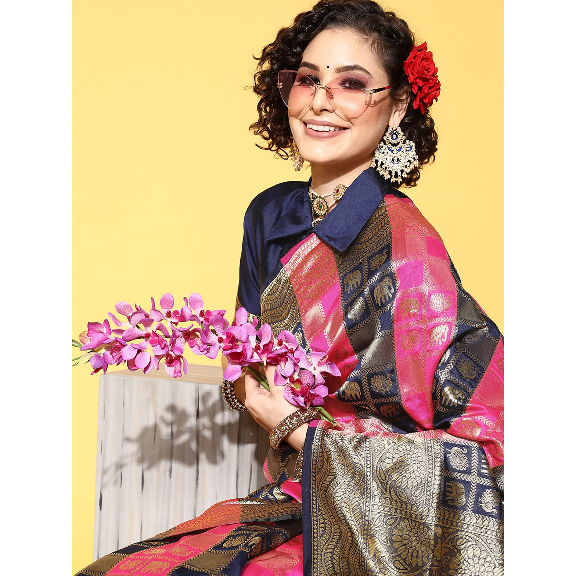 AKHILAM Womens Solid Banarasi Silk Saree With Unstitched Blouse Piece (Pink_FF0HSA27001)