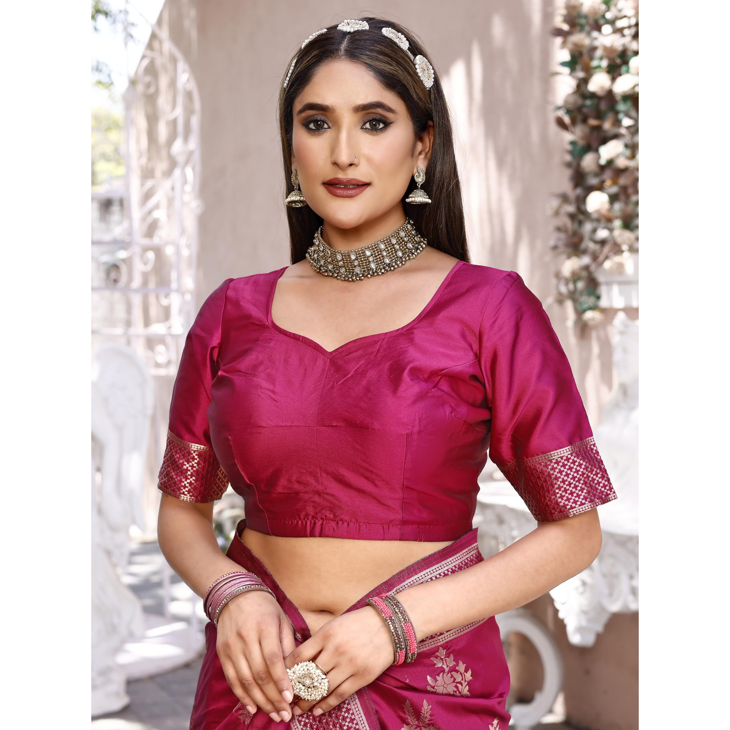 Leriya Fashion Womens Pure Jacquard Banarasi Kanjivarm Cotton Silk Saree with Blouse Piece | Saree for Women (Dark Pink)