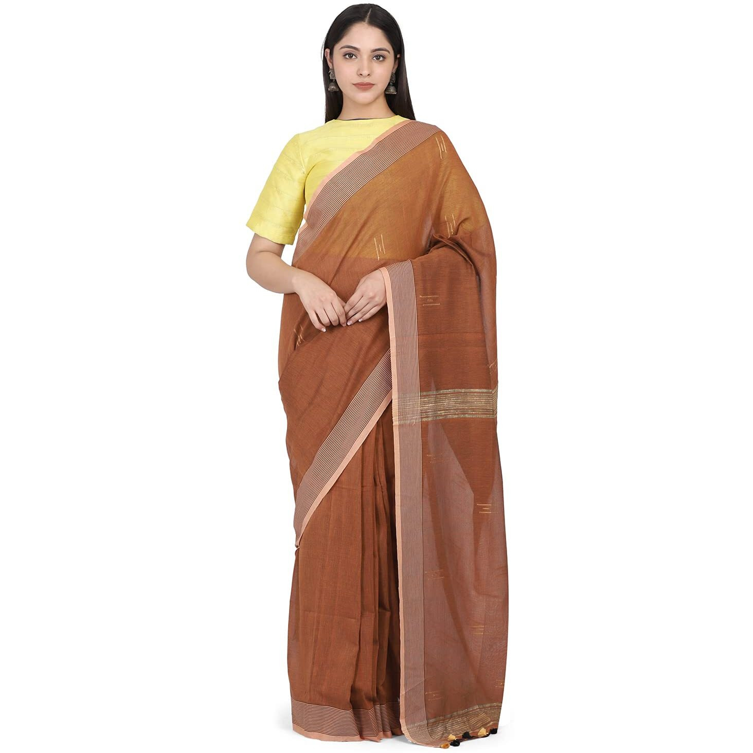 THE WEAVE TRAVELLER Handloom Hand Woven Cotton Saree for Women with Attached Blouses and Pom Pom Edgings (Brown)