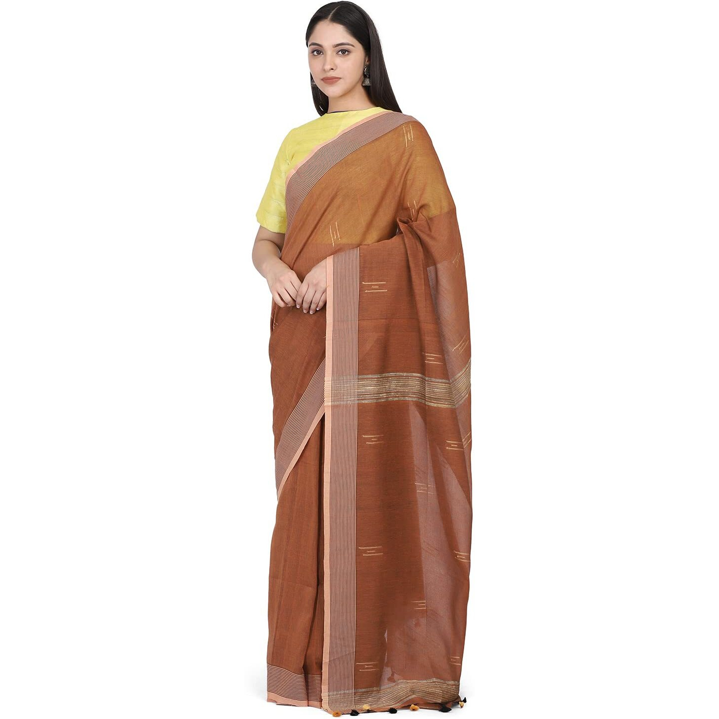 THE WEAVE TRAVELLER Handloom Hand Woven Cotton Saree for Women with Attached Blouses and Pom Pom Edgings (Brown)